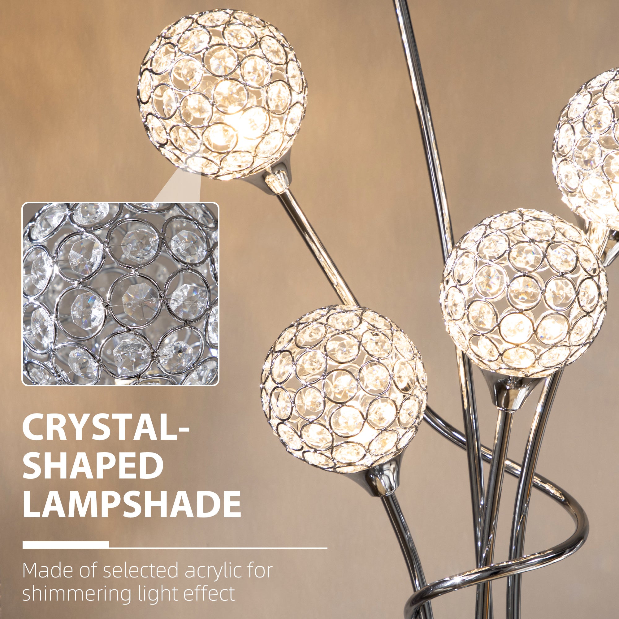 HOMCOM Crystal Floor Lamps for Living Room Bedroom with 5 Light, Modern Upright Standing Lamp, 34x25x156cm, Silver - North Peak Garden Furniture