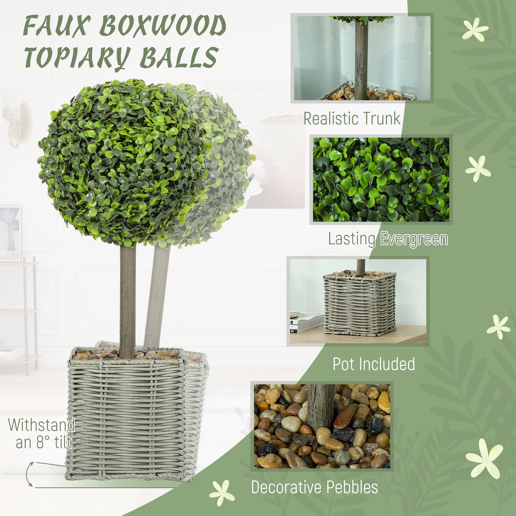HOMCOM Set of 2 Decorative Artificial Plants, 50cm Faux Boxwood Topiary Balls with Woven Plastic Pot and Pebbles, Fake Plants for Home or Office Decor, Green