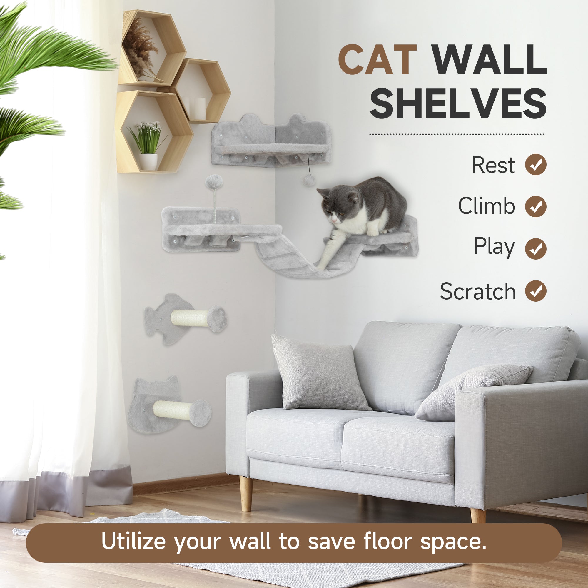 PawHut 4-Piece Cat Wall Shelves with Steps, Ladder, Jumping Platforms, Light Grey - North Peak Garden Furniture