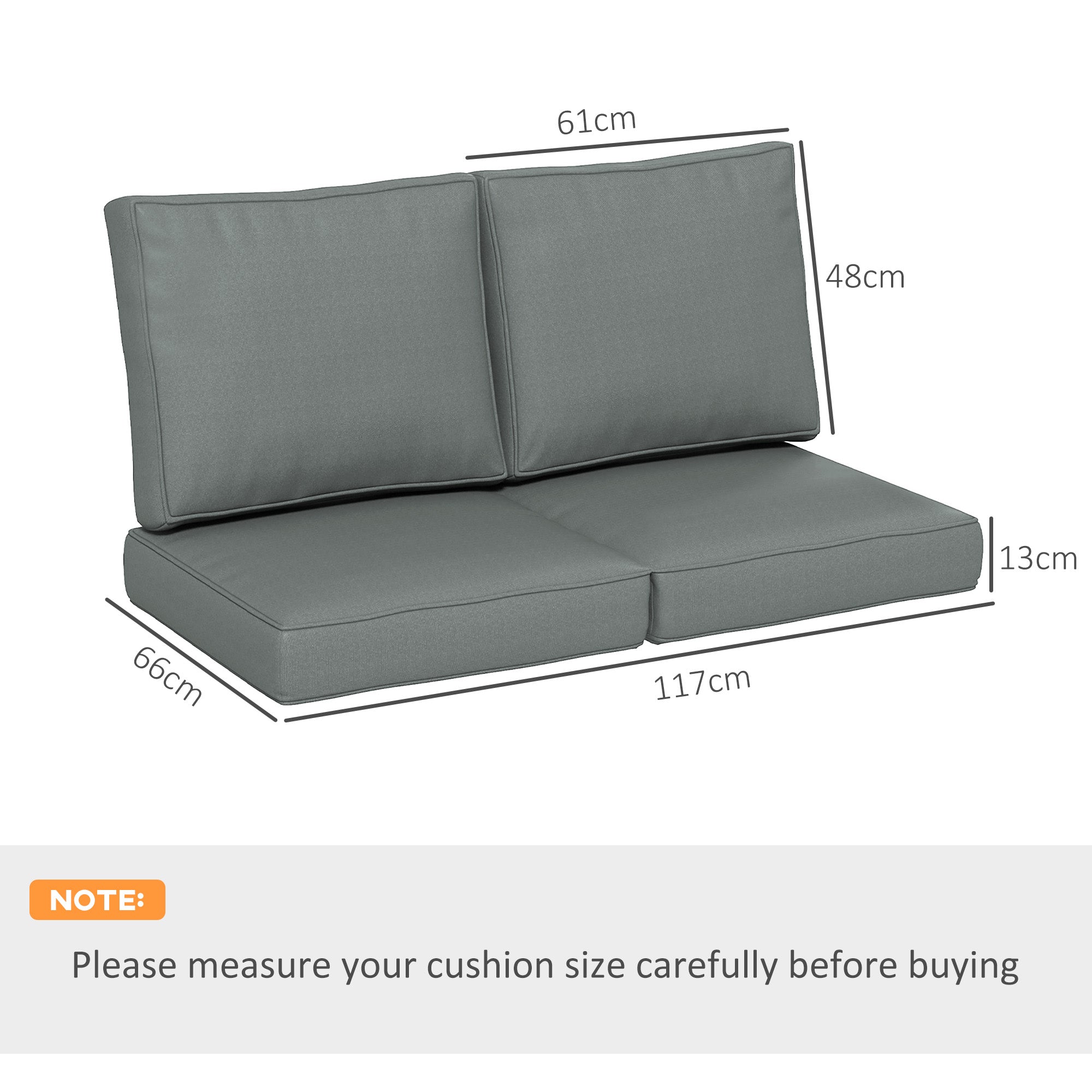 Outsunny 2 Seater Back and Seat Cushion Pillows Replacement, Patio Chair Cushions Set for Indoor Outdoor, Charcoal Grey - North Peak Garden Furniture