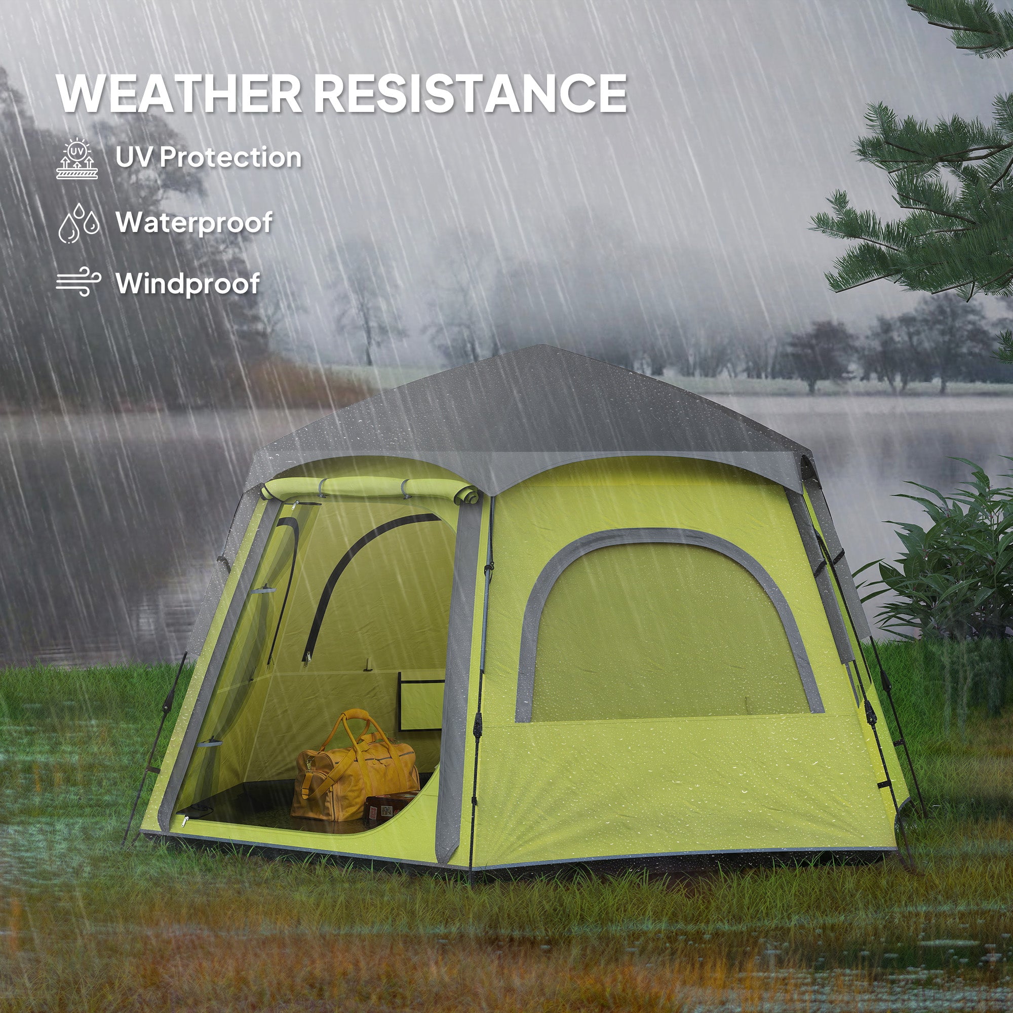 Outsunny Instant Camping Tent, 2/3/4 Person Easy Setup Family Tent with Vestibule, Rainfly, 4 Mesh Windows & 2 Doors, Hexagonal Design, Waterproof UV Protected Dome Tent, Yellow Green - North Peak Garden Furniture