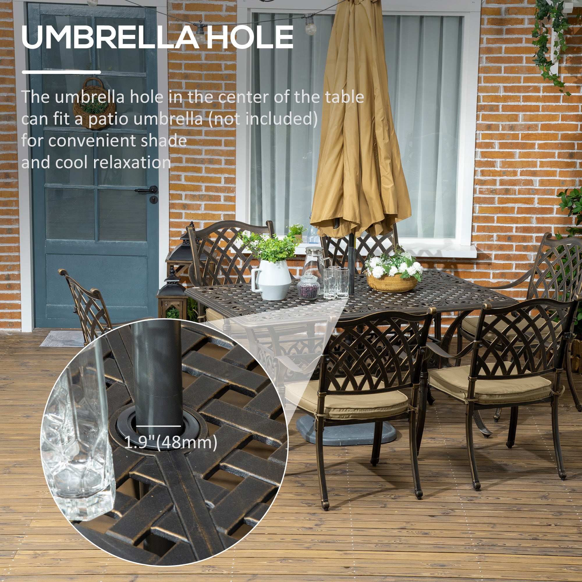 Outsunny 7 PCs Garden Patio Dining Set with Parasol Hole, Cast Aluminium Outdoor Furniture Set with Six Cushioned Chairs and Rectangle Dining Table, for Garden, Lawn, Deck, Bronze Tone - North Peak Garden Furniture