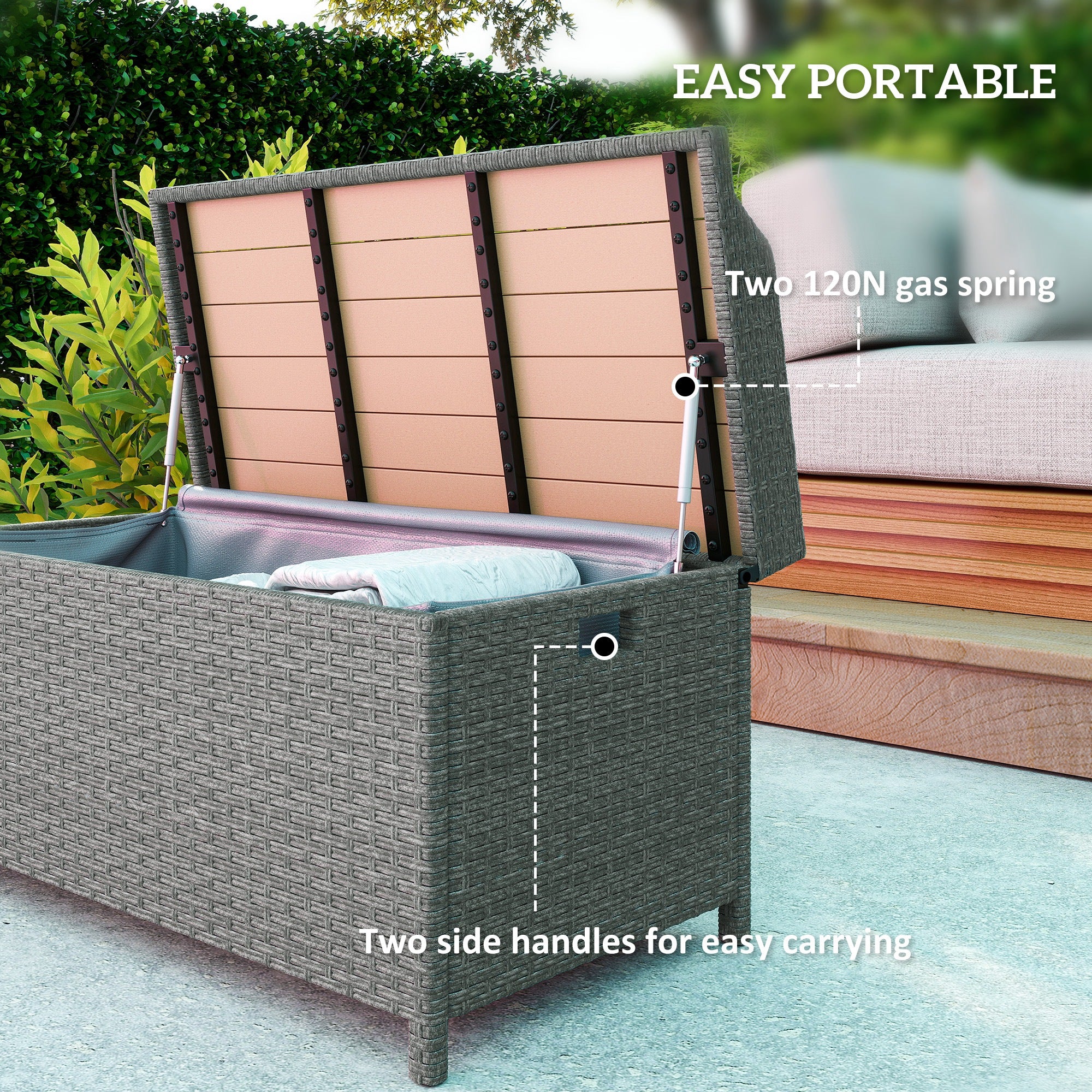 Outsunny 130 L Rattan Garden Storage Box, with Seat - Grey - North Peak Garden Furniture