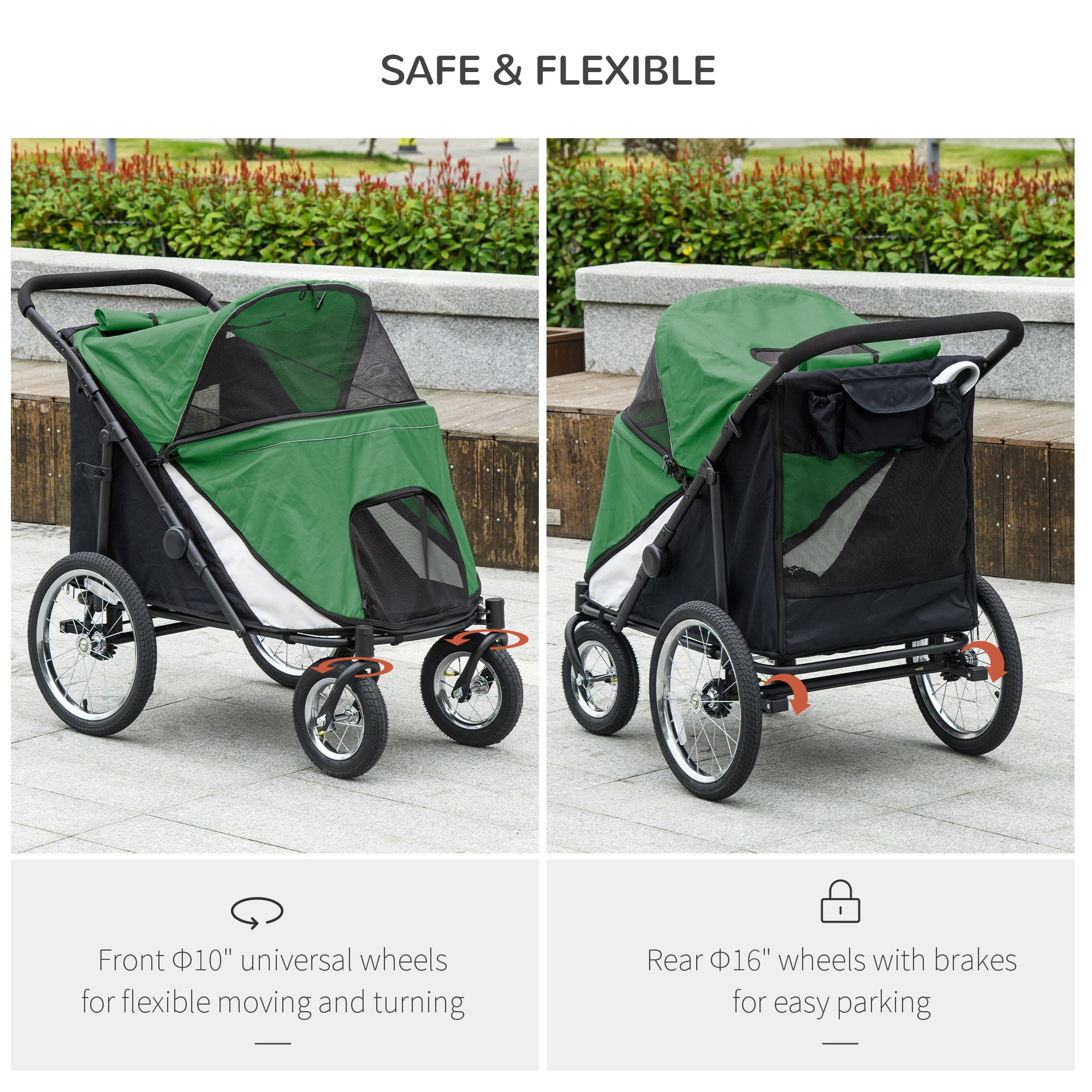 PawHut Foldable Pet Stroller, with Washable Cushion, Storage Bags, Safety Leash, for Medium, Large Dogs, Catts, Travel - Green