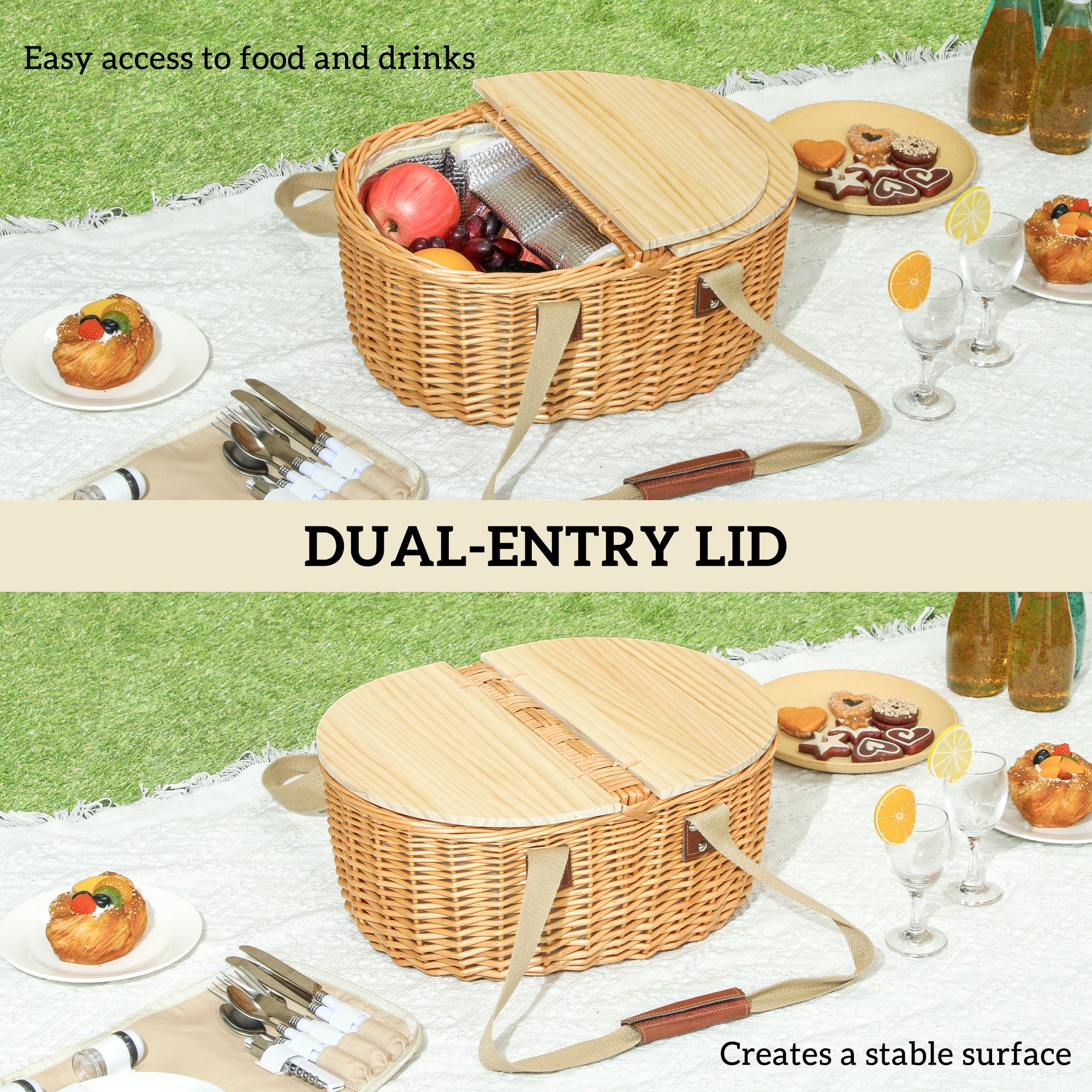 Outsunny Wicker Picnic Basket for 2 with Pine Wood Lid, Picnic Hamper with Cooler Compartment, Cutlery Service Kits, Carry Handle for Camping, Outdoor, Valentine Day, Chirtmas, Birthday, Light Brown - North Peak Garden Furniture