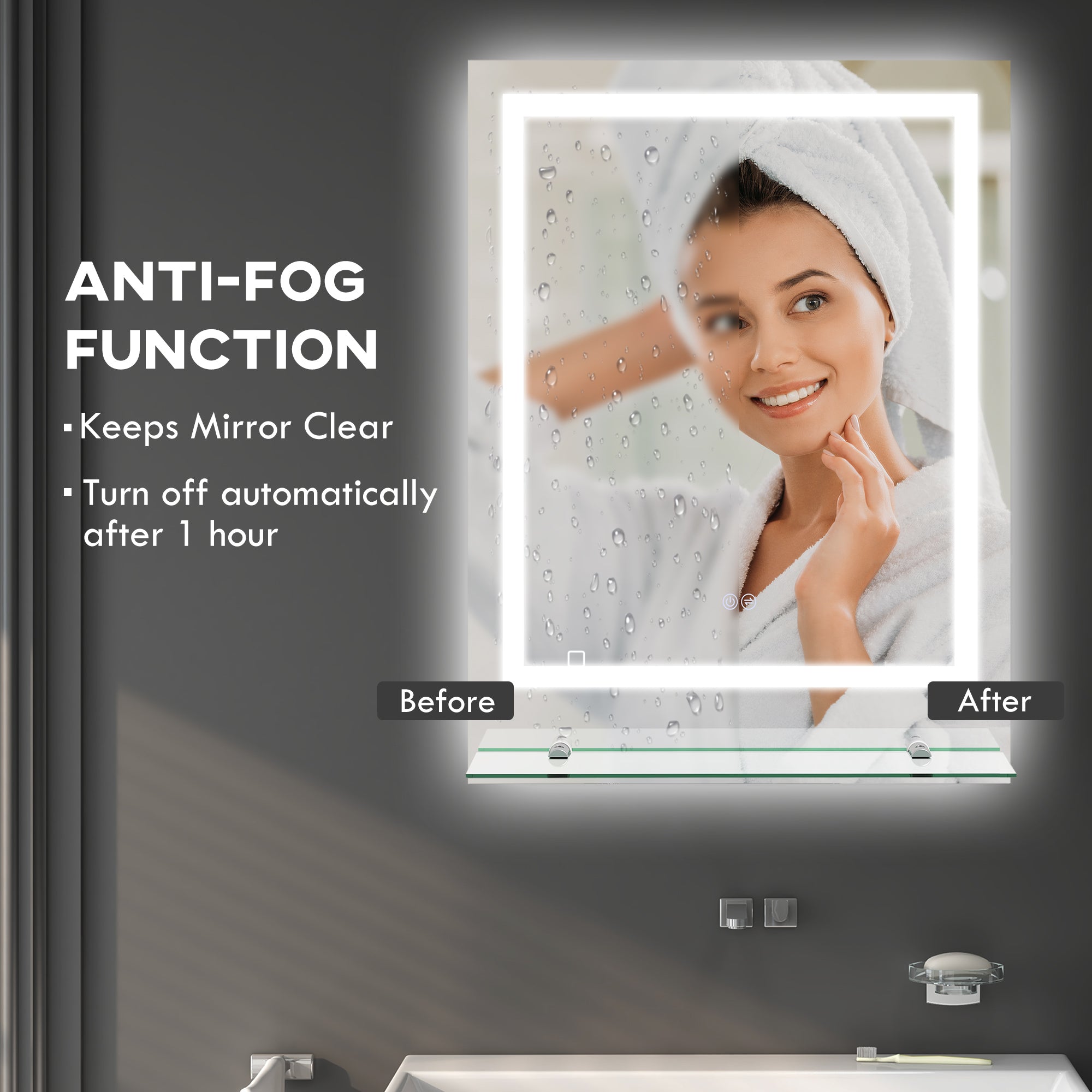 kleankin LED Bathroom Mirror with Lights and Shelf, Illuminated Makeup Mirror, Vanity Mirror with 3 Colour, Smart Touch, Anti-Fog - North Peak Garden Furniture