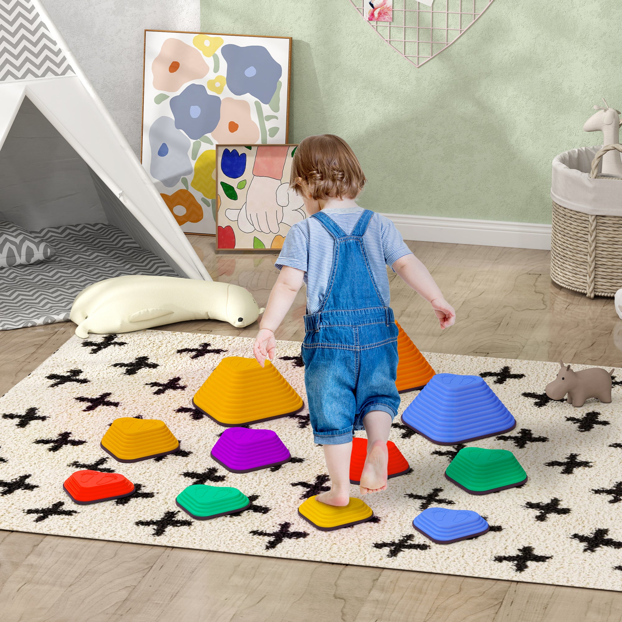 AIYAPLAY 11-Piece Heart-Shaped Kids Balance Stepping Stones and Motor Skills, Multicoloured - North Peak Garden Furniture