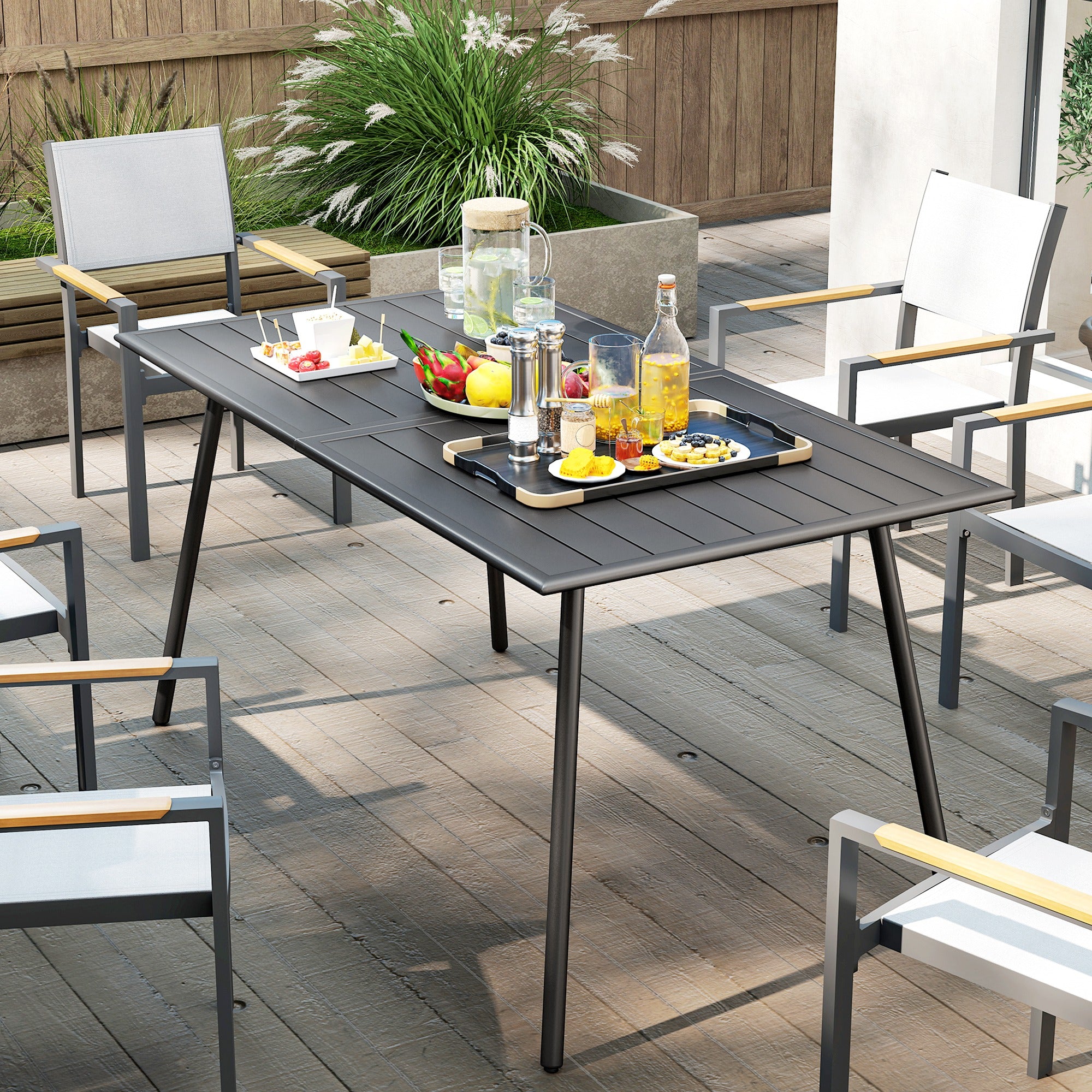 Outsunny Rectangle Garden Table with Slat Top, Steel Frame, Outdoor Table for 6 Person, 150 x 80 x 74 cm, Grey - North Peak Garden Furniture