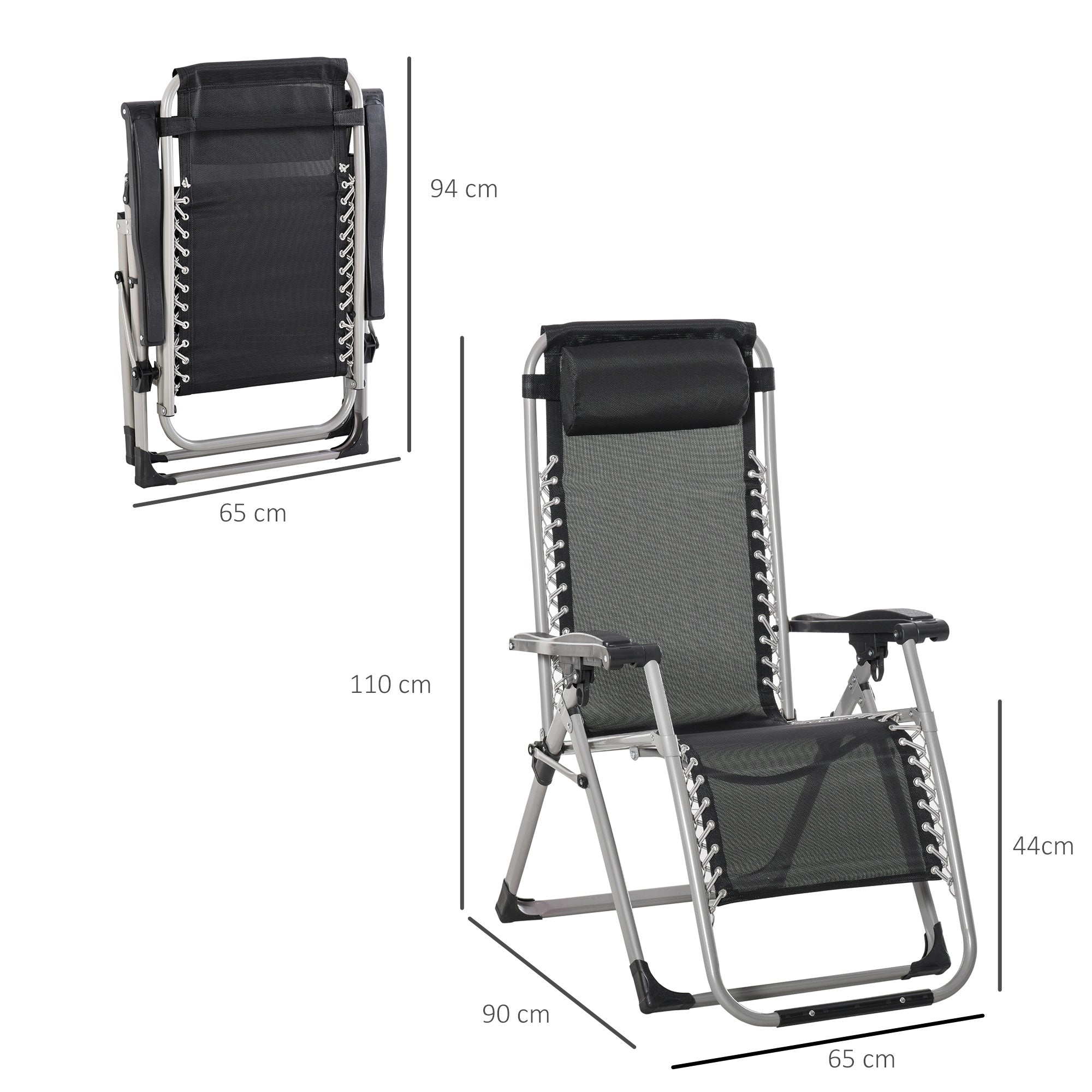 Outsunny 2 Piece Reclining Zero Gravity Chair Metal Frame Folding Garden Sun Lounger with Cushion Headrest, Dark Grey