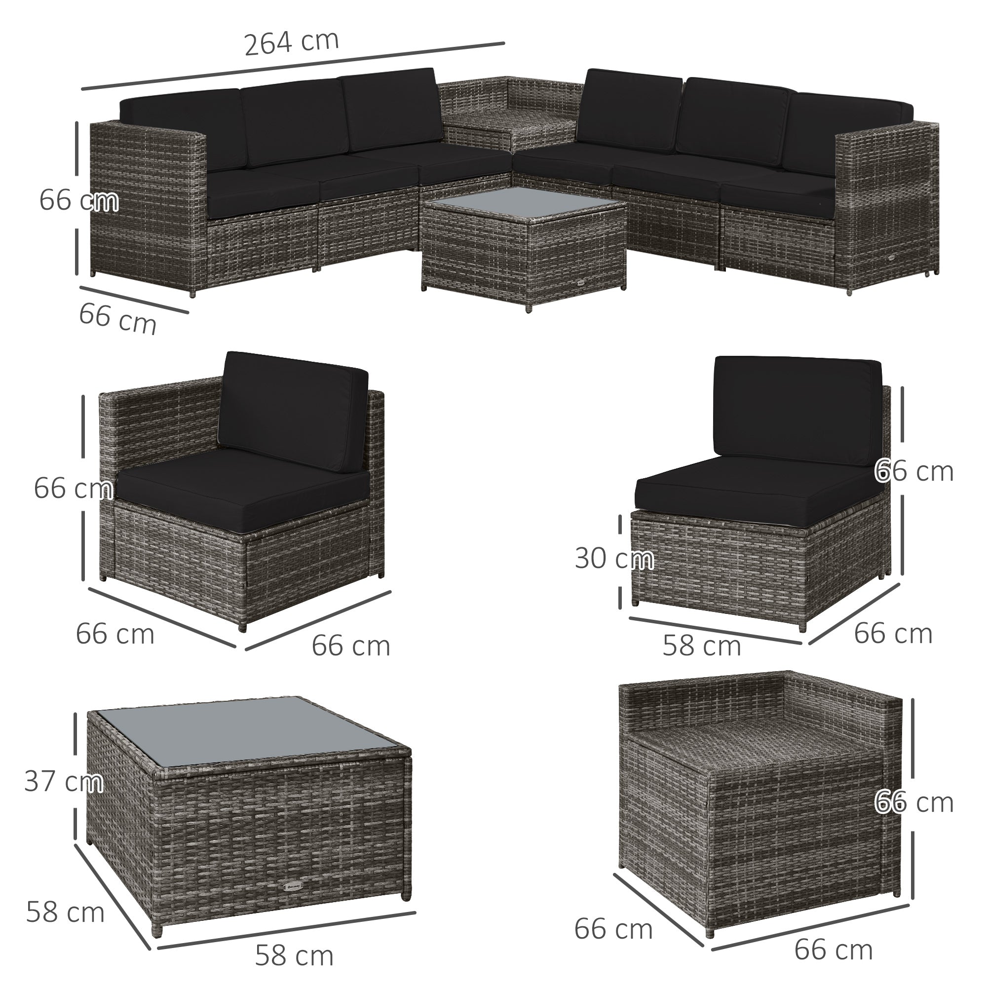 Outsunny 6-Seater Rattan Sofa Furniture Set W/ Cushions, Steel Frame-Grey - North Peak Garden Furniture