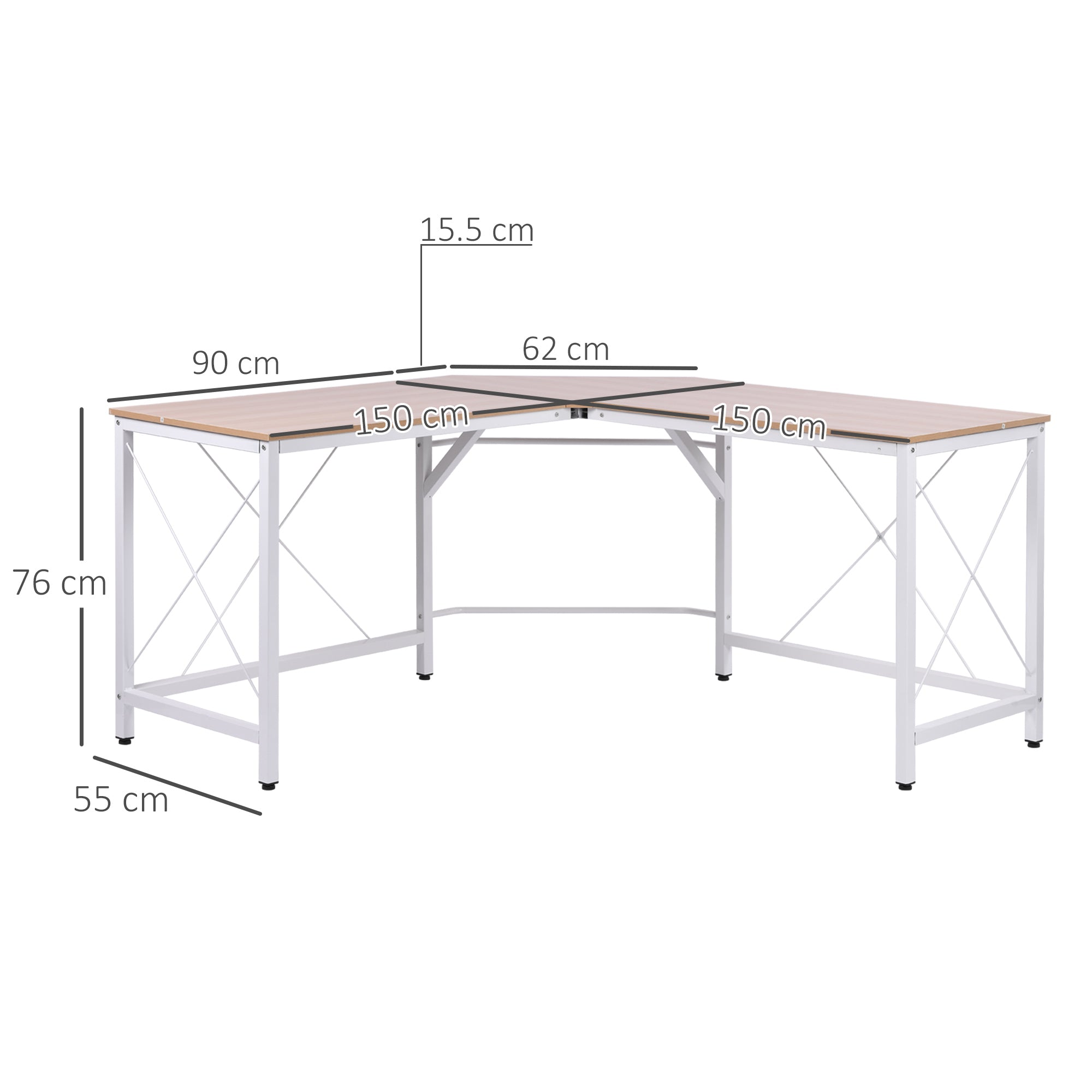 HOMCOM L-Shaped Corner Desk, Computer Desk for Home Office, Space-Saving Study Workstation, Easy to Assemble, 150 x 150 x 76cm, Oak