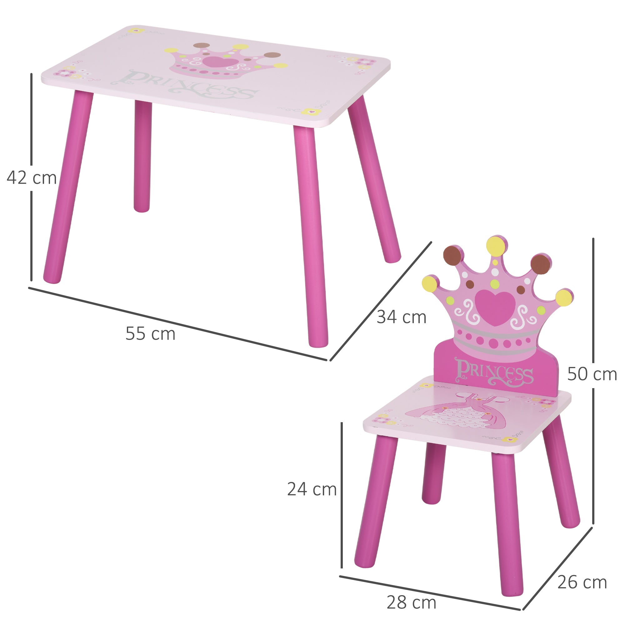 HOMCOM 3 Pcs Kids and Table Chair Set Princess & Crown Theme Home Furniture Pretty Gift 2-4 Years Pink - North Peak Garden Furniture