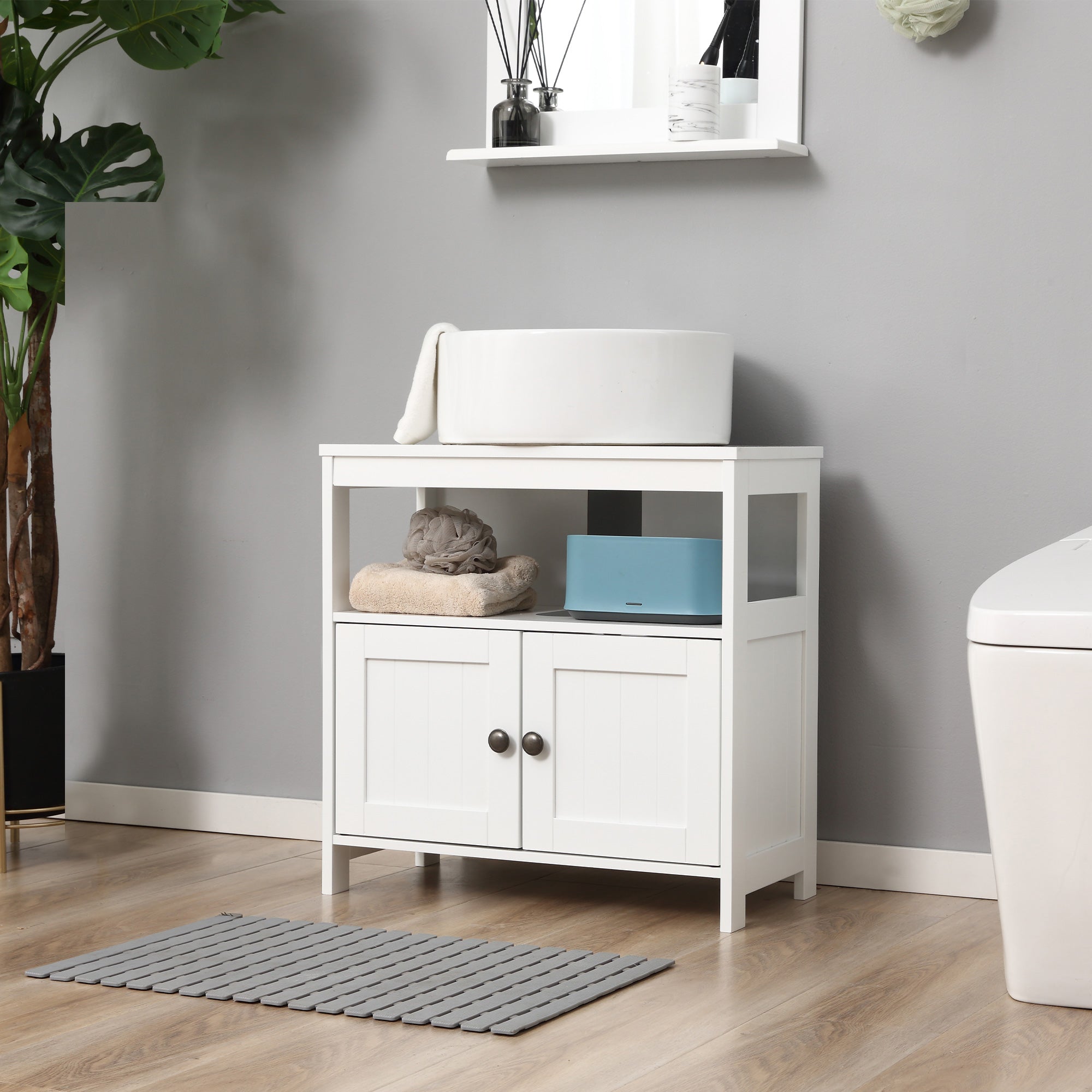 kleankin Pedestal Under Sink Cabinet with Double Doors, Modern Bathroom Vanity Storage Unit with Shelves, White