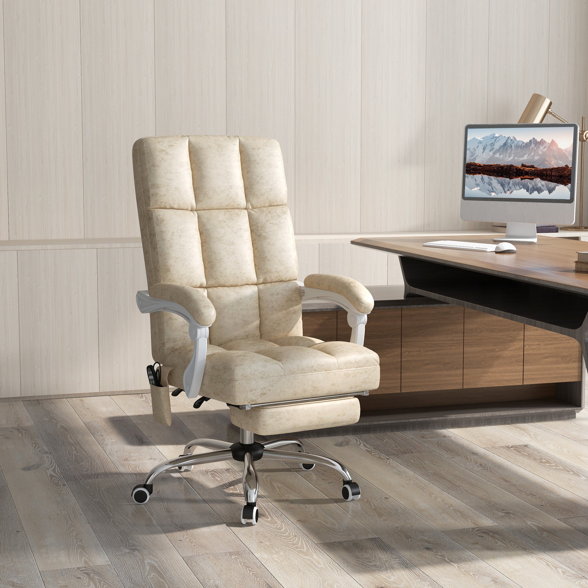 Vinsetto Massage Office Chair, Ergonomic Desk Chair, Comfy Work Study Chair with Heat, Padded Seat, 135° Reclining Back and Footrest for Home Office, Beige - North Peak Garden Furniture