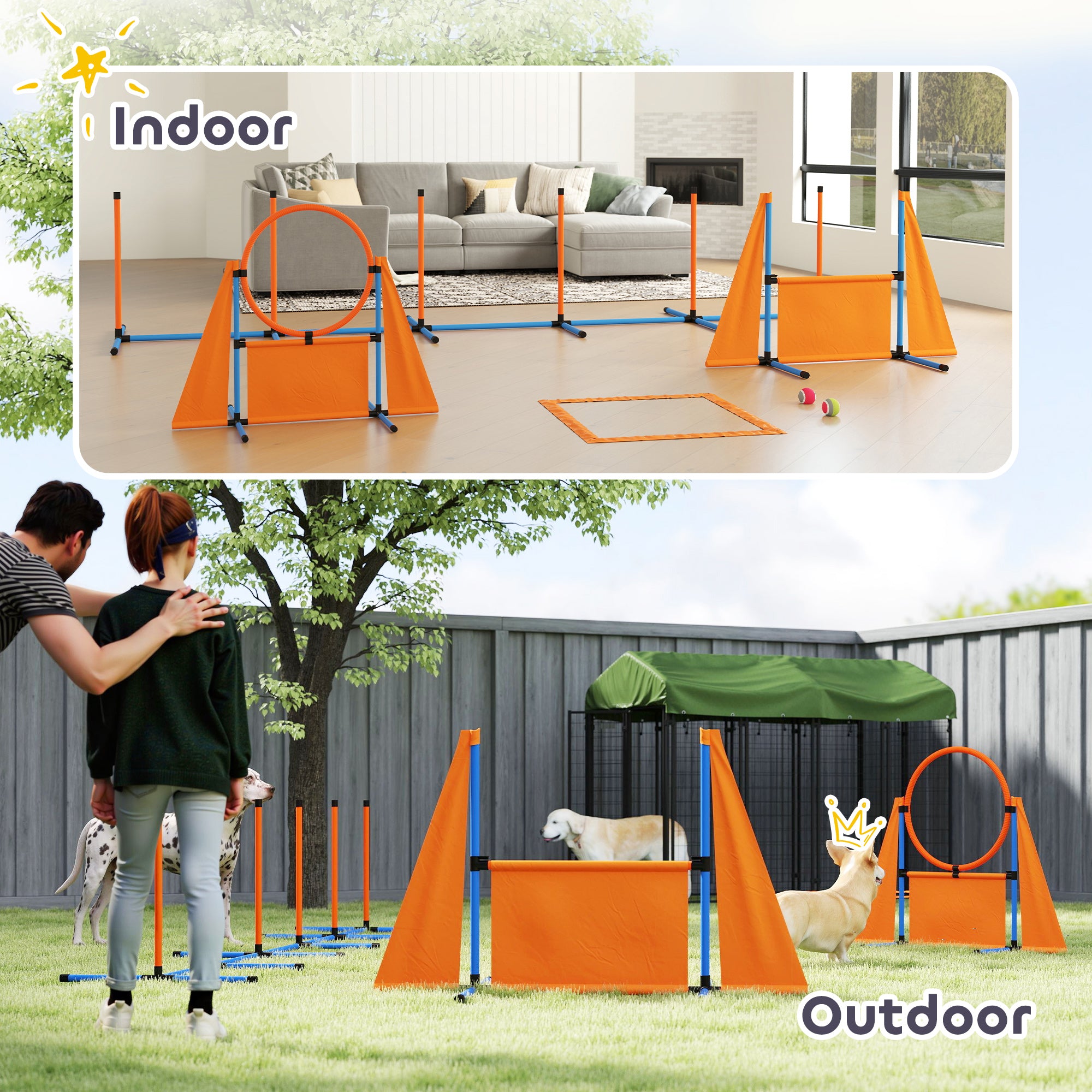 PawHut 7-Piece Dog Agility Equipment Set with Weave Poles, Jump Ring and Hurdle, Pause Box and Carry Bag, Orange - North Peak Garden Furniture