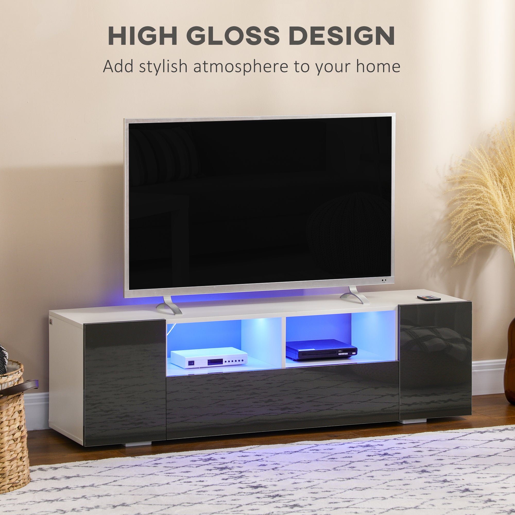 HOMCOM 16 LED Light TV Stand, with Storage - High Gloss Grey - North Peak Garden Furniture