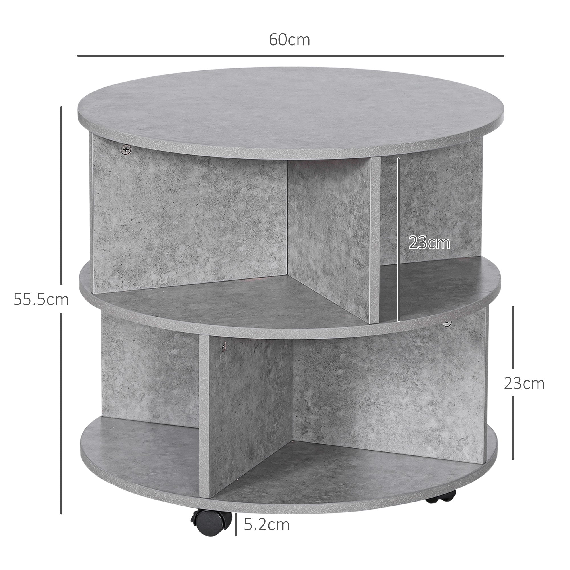 HOMCOM Round Coffee Table with Wheels, 3-Tier Rolling Side Table for Living Room with Divided Shelves, Cement Colour - North Peak Garden Furniture
