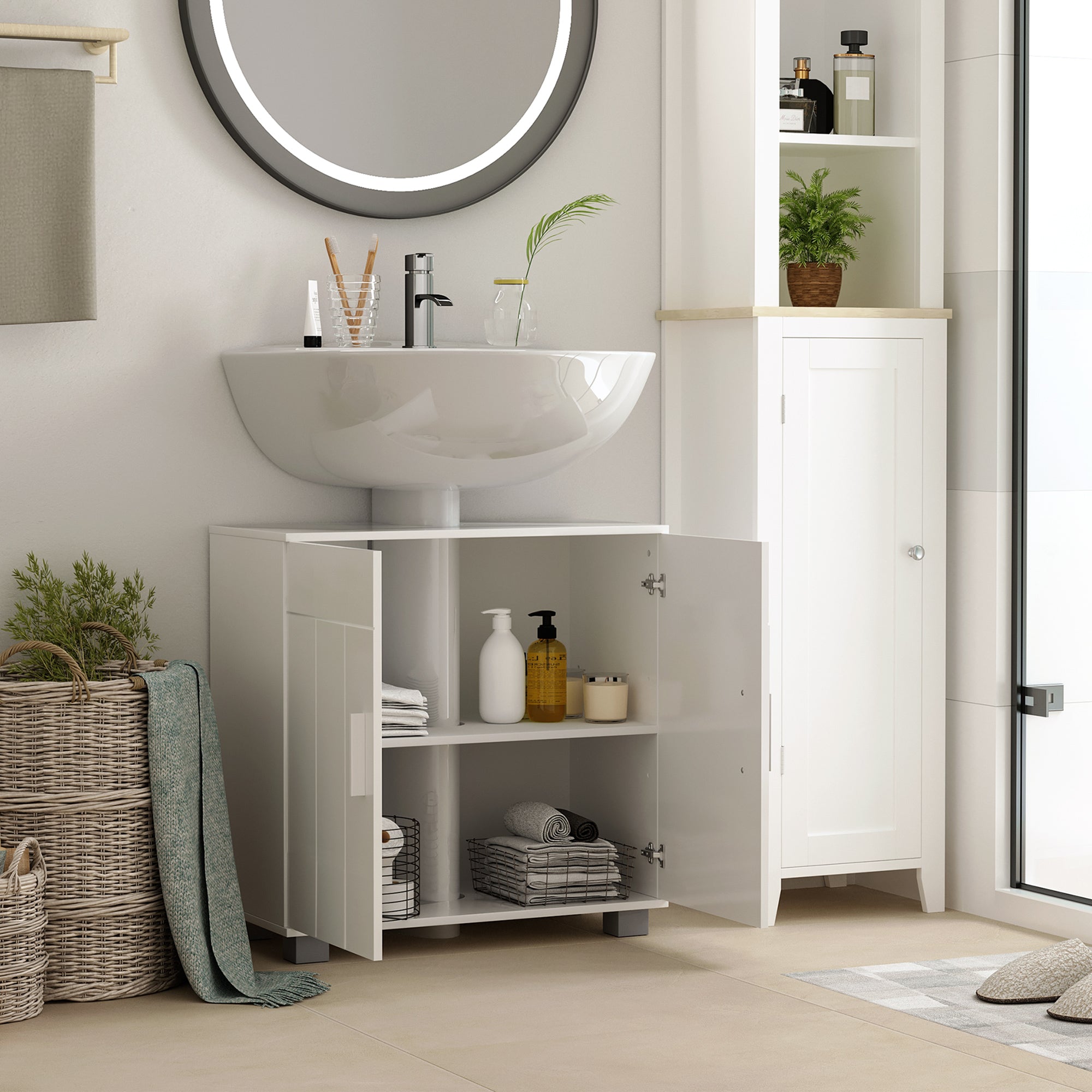 kleankin Pedestal Under Sink Cabinet, Modern Bathroom Vanity Unit, Storage Cupboard with Double Doors, Adjustable Shelf, White - North Peak Garden Furniture