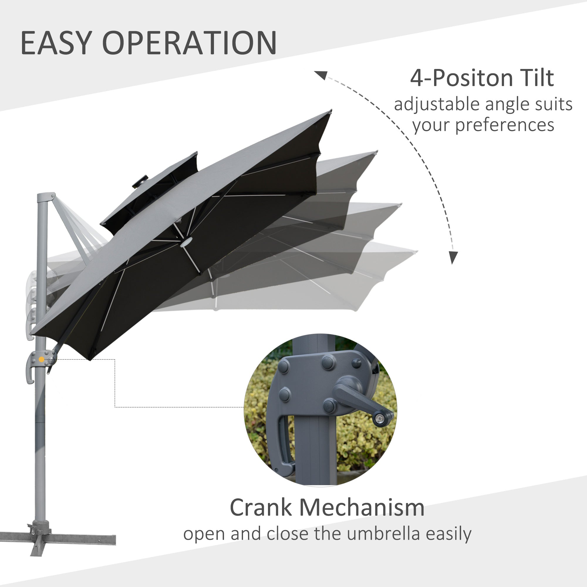 Outsunny 3m Cantilever Parasol, Outdoor Offset Patio Umbrella, Solar LED Lighted Hanging Sun Shade Canopy with Tilt and Crank Handle, Cross Base for Lawn, Beach and Poolside, Grey - North Peak Garden Furniture