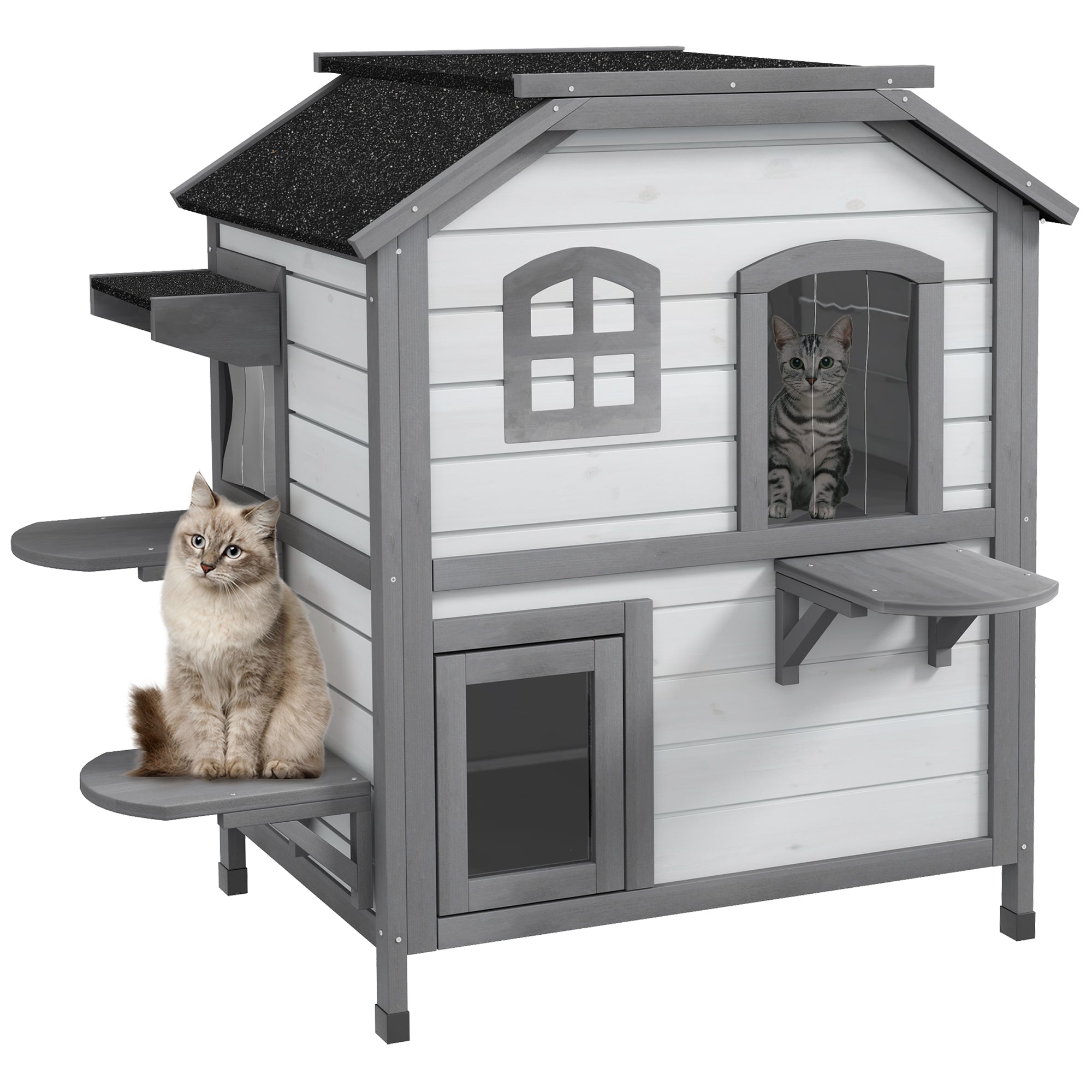 PawHut 2-Story Indoor or Outdoor Cat House W/ Escape Door, Cat Shelter, White - North Peak Garden Furniture