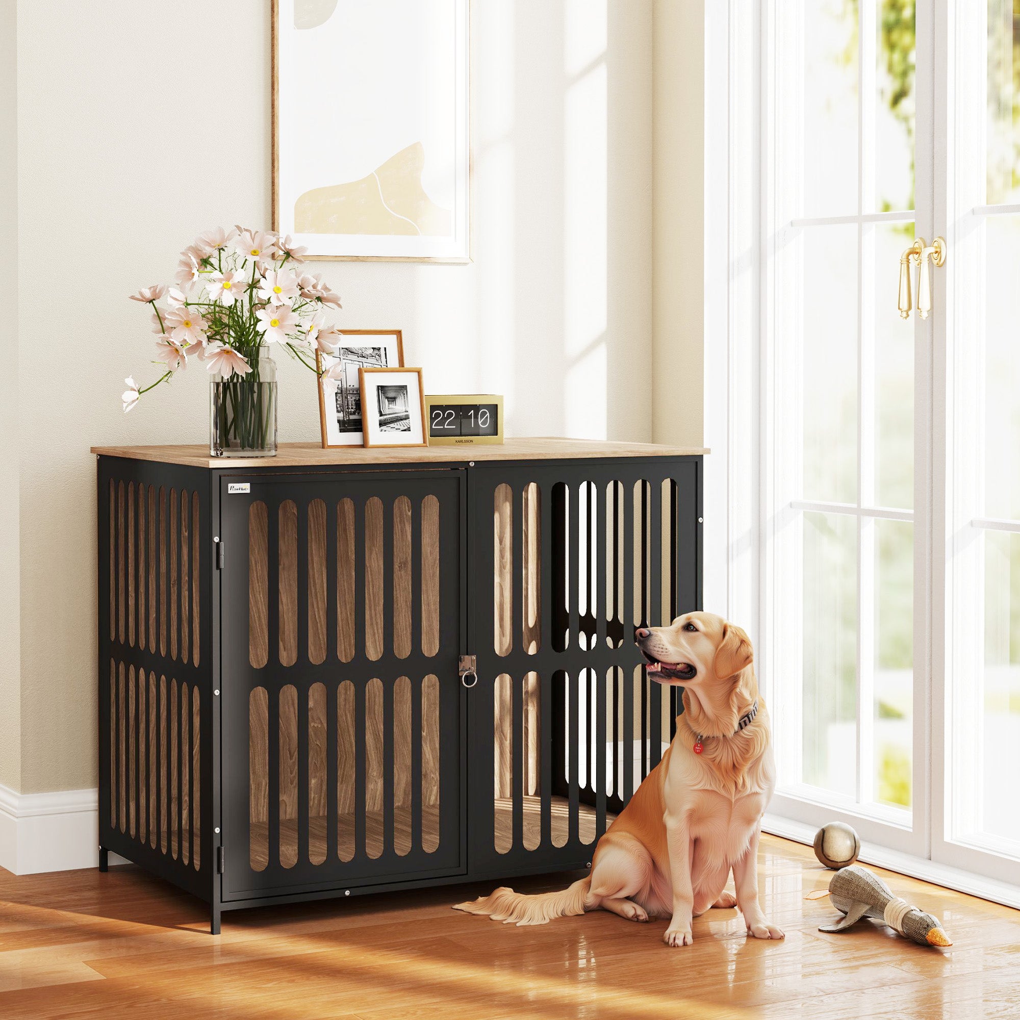 PawHut Dog Crate Furniture with Anti-Chew Resistant Mesh, Anti-Escape Single Door, for Large Dogs, 100 x 60 x 81.5 cm - North Peak Garden Furniture