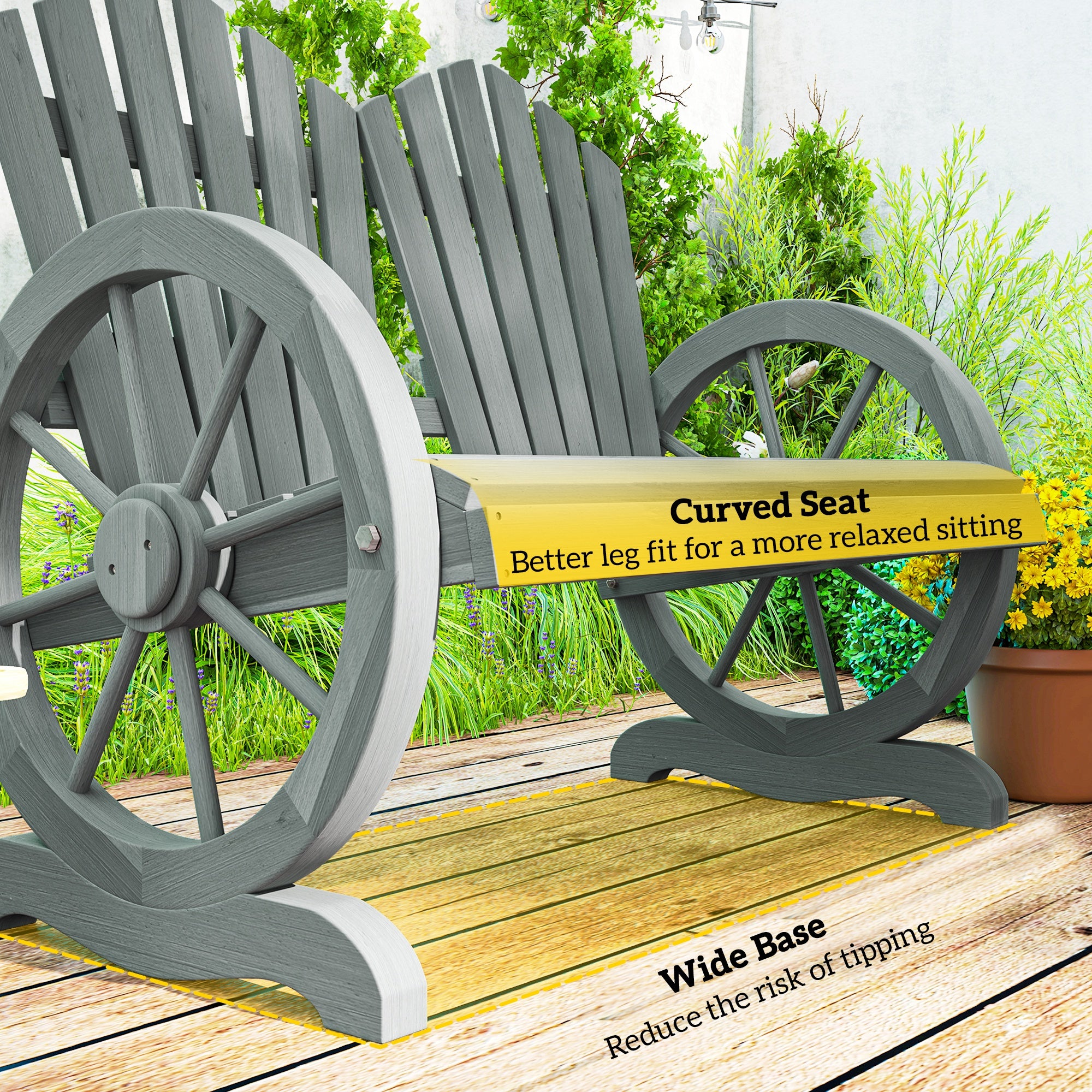 Outsunny Fir Wood Love Seats with Wheel-Shaped Armrests, Large Load-Bearing Chair, Grey - North Peak Garden Furniture