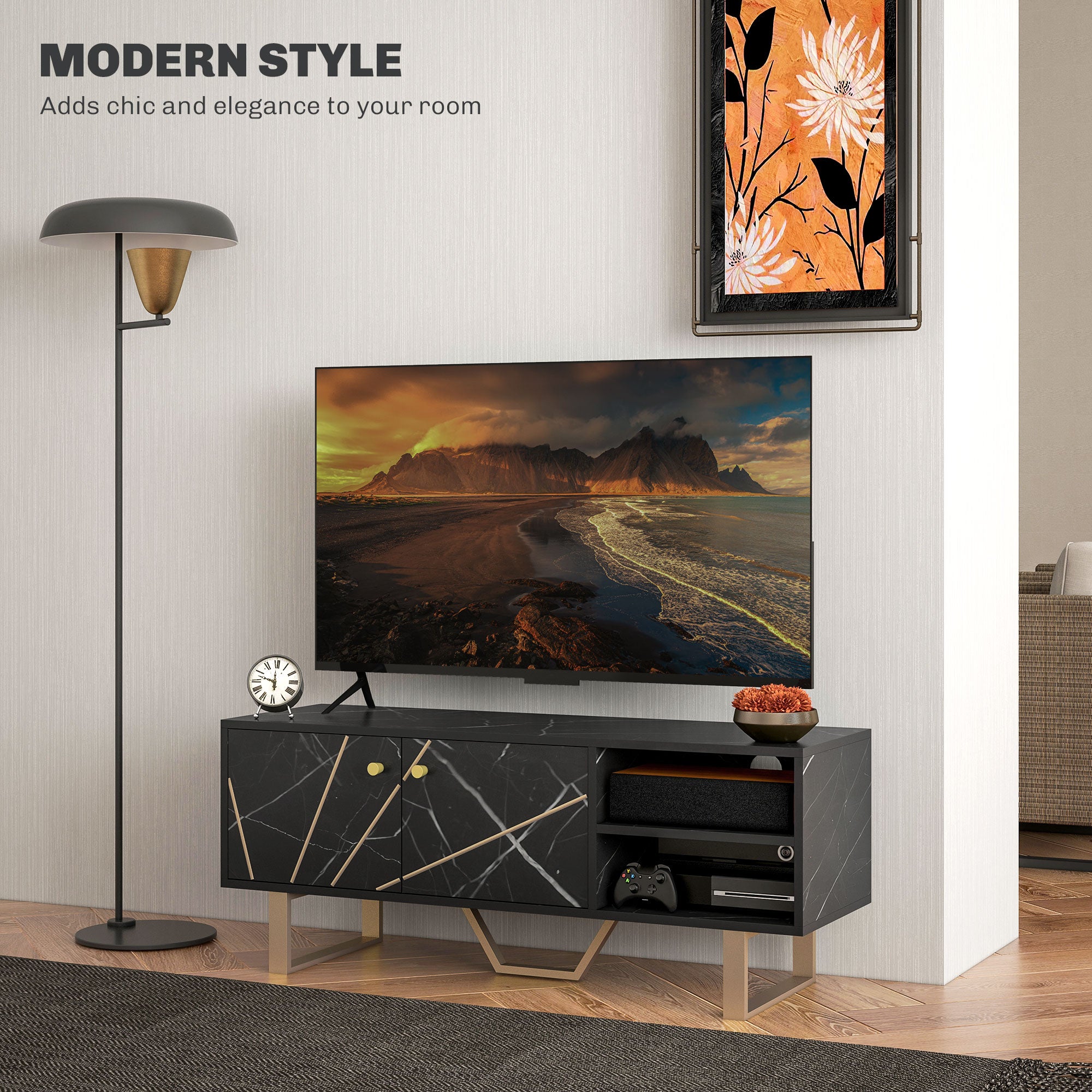 HOMCOM TV Stand Cabinet for TVs up to 50 Inches, TV Unit with Storage Shelves and Cupboard for Living Room, Black Marble Tone - North Peak Garden Furniture
