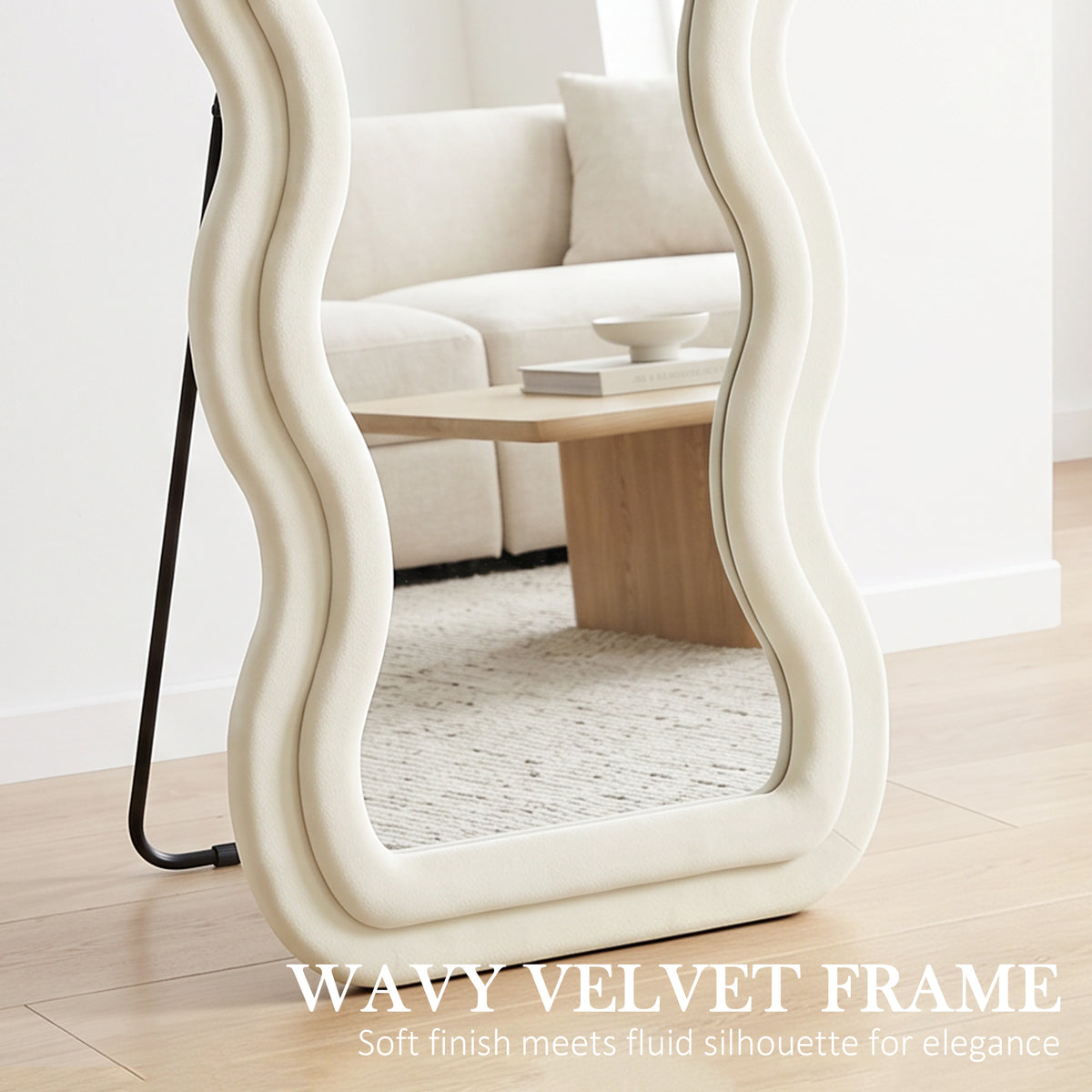 HOMCOM Full Length Mirror, 160 x 60 cm Wavy Full Body Wall Standing Mirror with Velvet Frame and Tempered Glass, Cream White