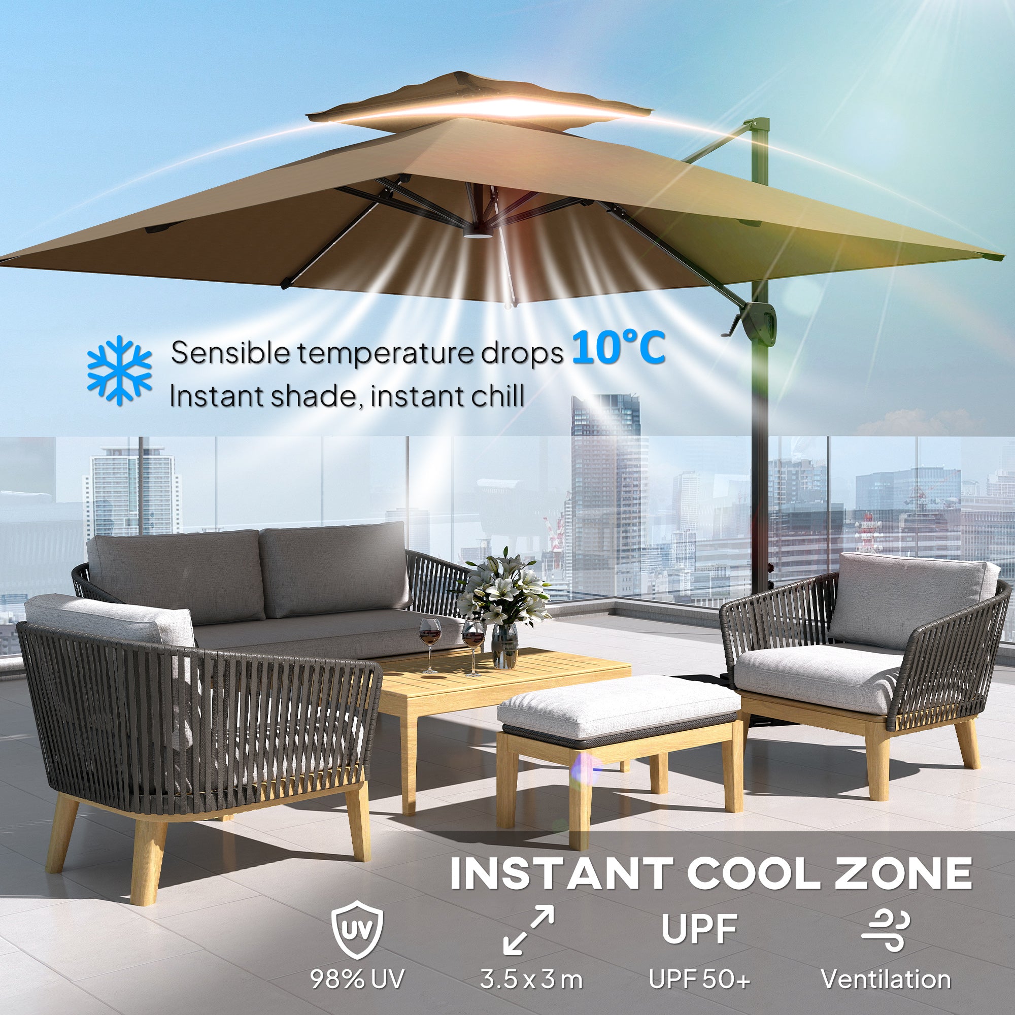 Outsunny Multi-Angle LED Light Parasol Umbrella - Khaki