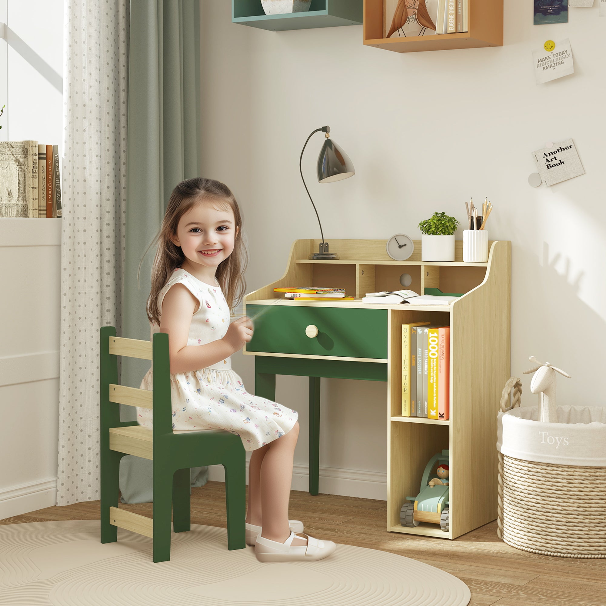 AIYAPLAY Kids Desk and Chair Set with Storage Shelves and Drawer, Green - North Peak Garden Furniture