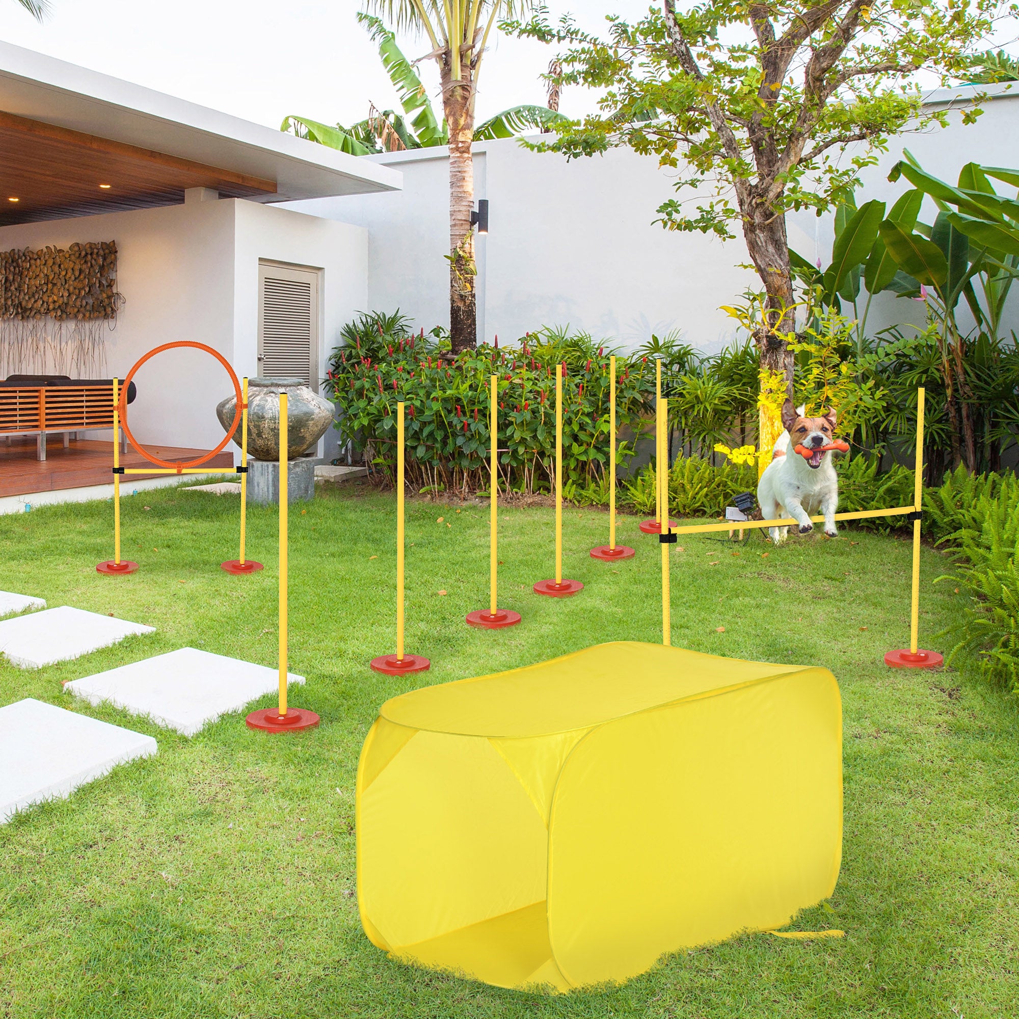 Pawhut Dog Agility Equipment Portable Pet Training Obstacle Set for Dogs 5 Pieces w/ Adjustable High Jumping Pole, Jumping Ring, Weave Poles, Tunnel - North Peak Garden Furniture