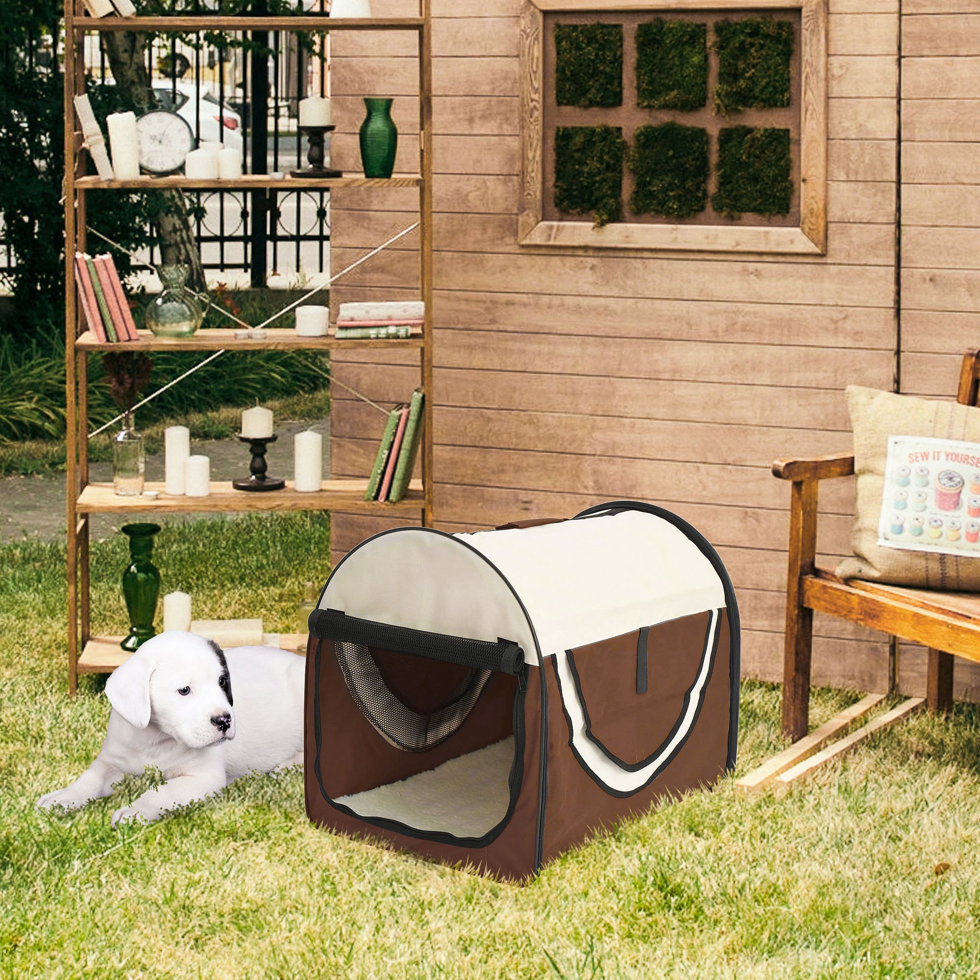 Pawhut Folding Fabric Soft Pet Crate, 46Lx36Wx41H cm-Brown - North Peak Garden Furniture