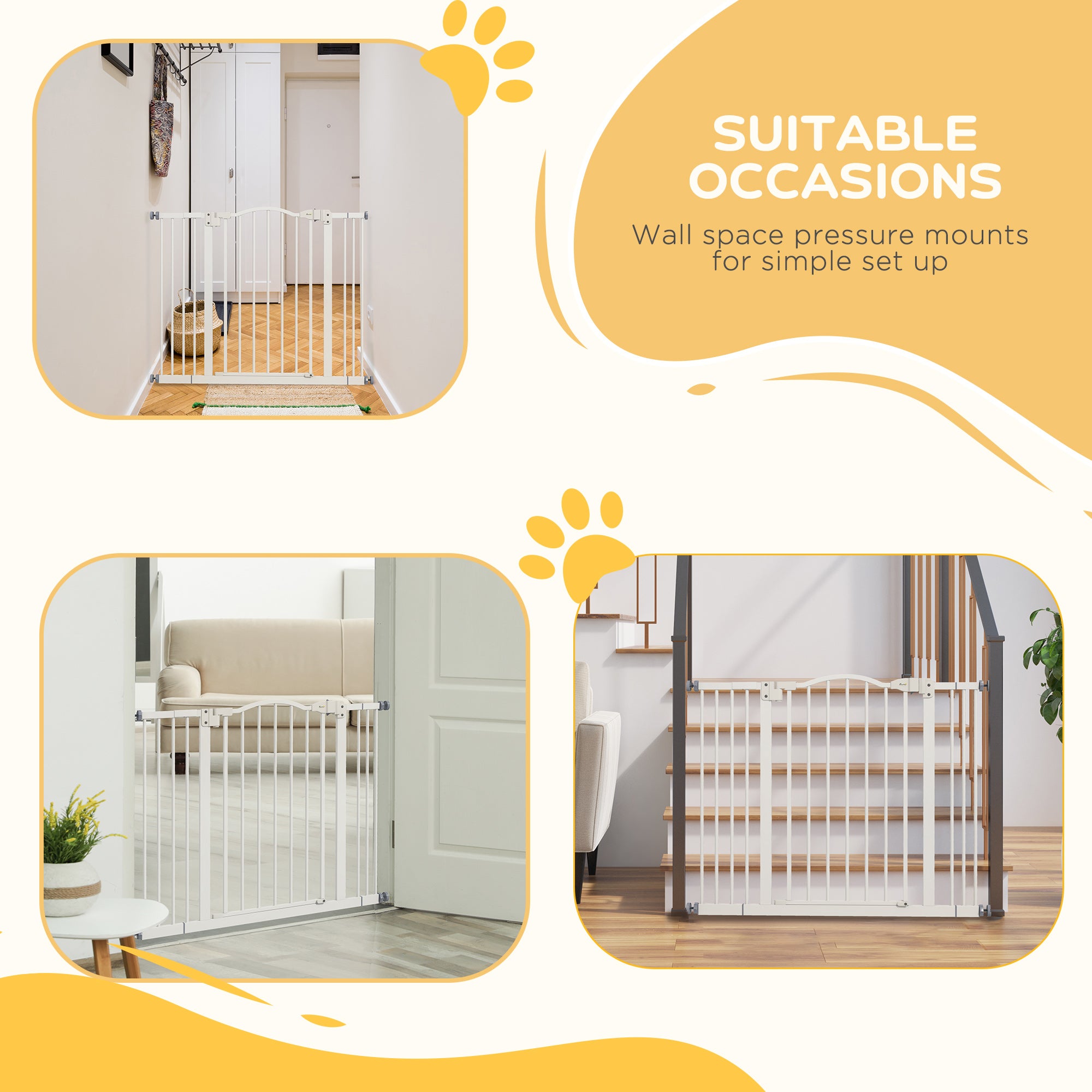 PawHut Metal 74-100cm Adjustable Pet Gate Safety Barrier w/ Auto-Close Door White - North Peak Garden Furniture