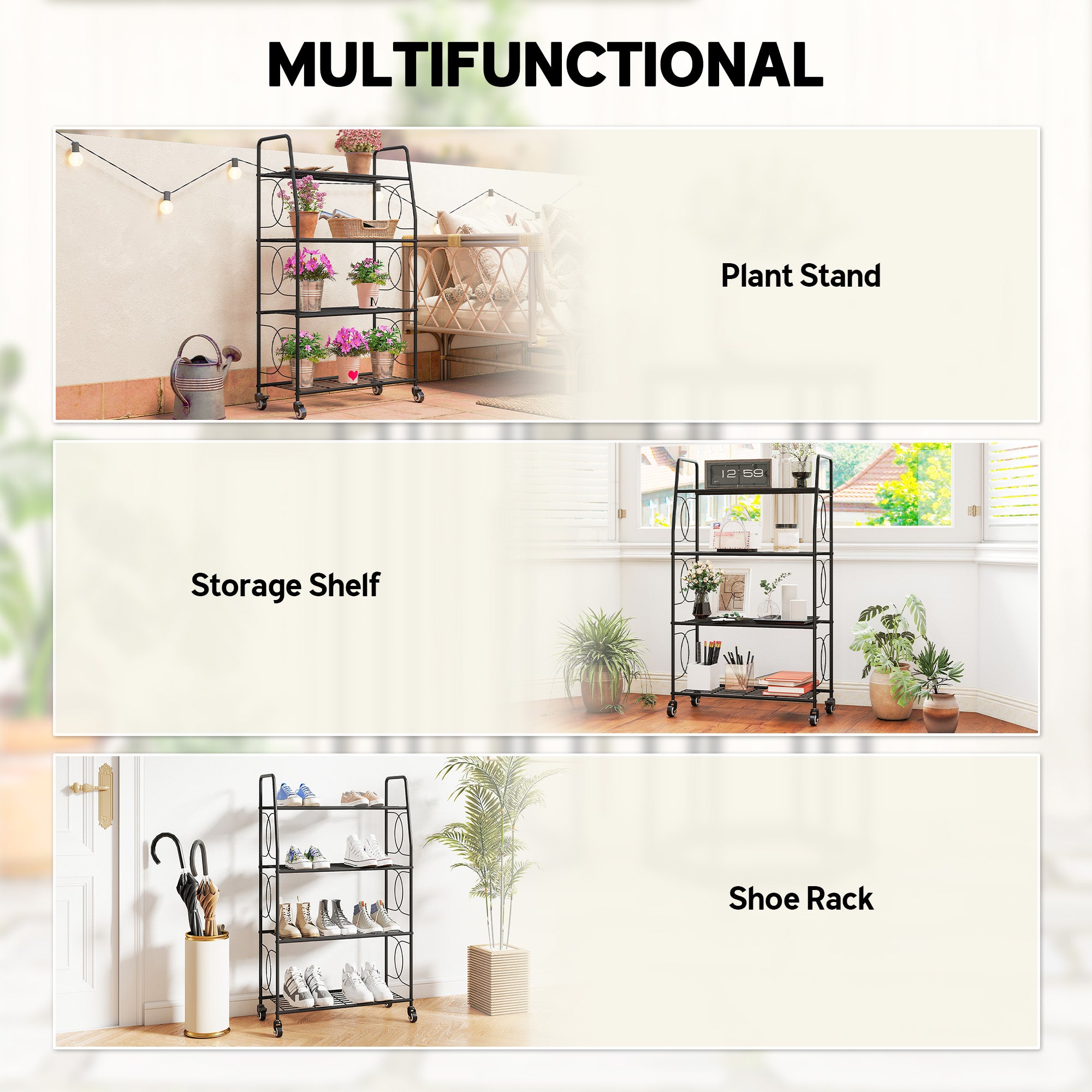 Outsunny 4-Tier Metal Plant Stand, Heavy Duty Ladder Shelf Potted Plants Display Rack with Lockable Wheels