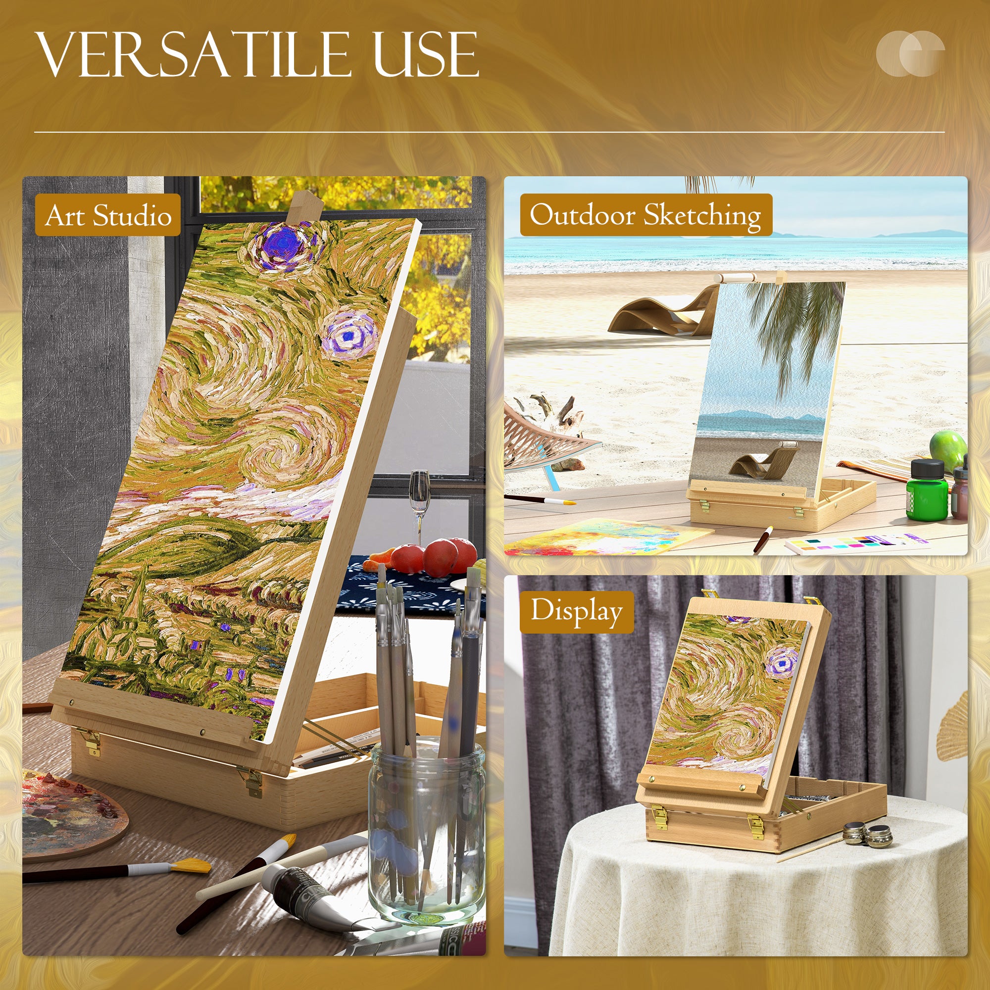 Vinsetto Wooden Table Easel Box Hold Canvas up to 61cm, Adjustable Beechwood Storage Table Box Easel, Portable Folding Artist Drawing & Sketching Board for Adults, Beginners, Artists Painting - North Peak Garden Furniture