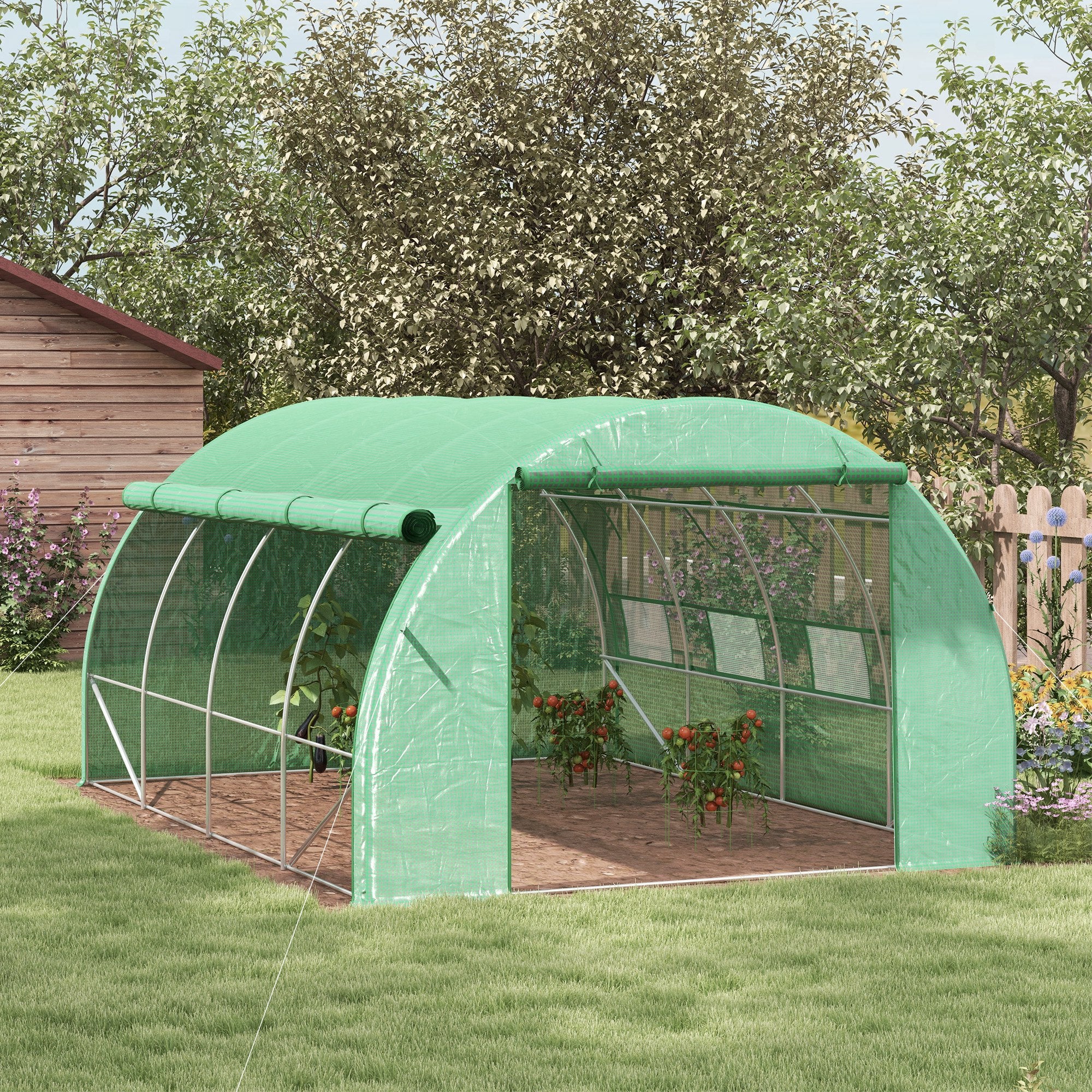 Outsunny Polytunnel Greenhouse Walk-in Grow House Tent with Roll-up Sidewalls, Zipped Door and 8 Windows, 4x3x2m Green - North Peak Garden Furniture