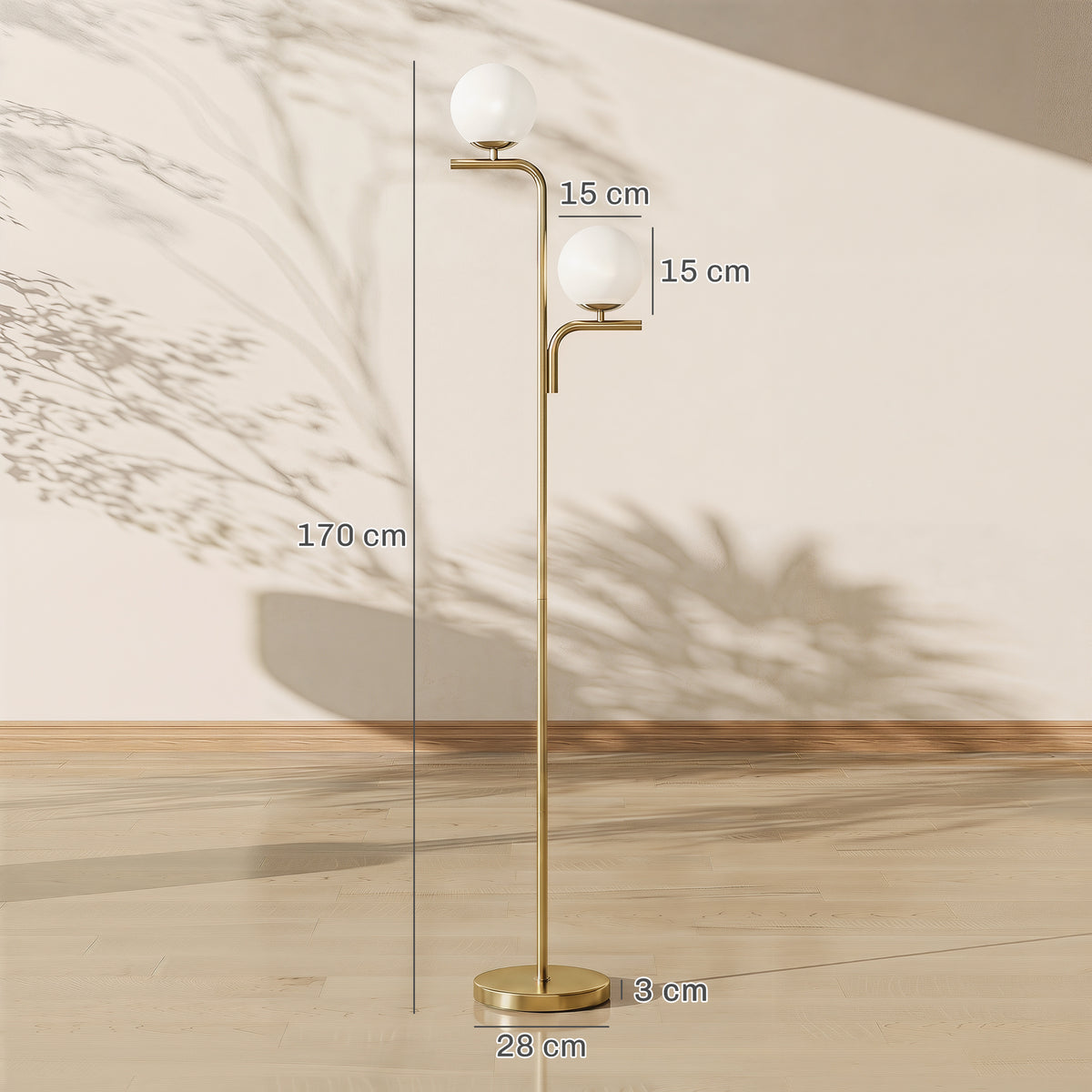 HOMCOM LED Floor Lamp, Modern Standing Lamp with 3 Colour Temperatures, Globe Glass Shades and Foot Switch, Gold Tone