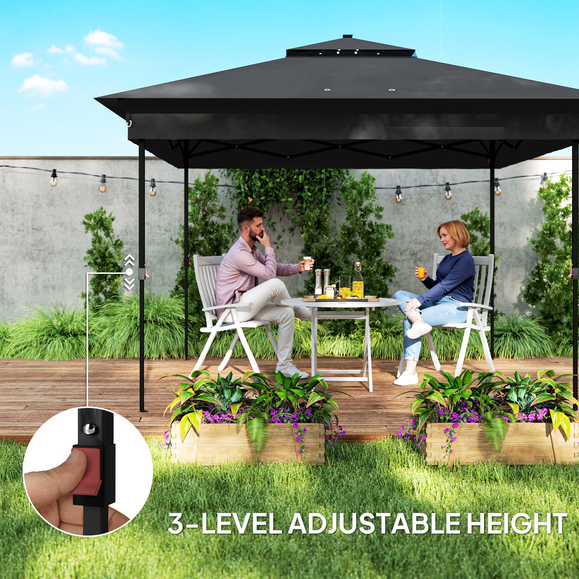 Outsunny 3 x 3(m) Pop Up Gazebo Party Tent with Solar-Powered LED Lights, Adjustable Event Shelter with Netting, Black - North Peak Garden Furniture