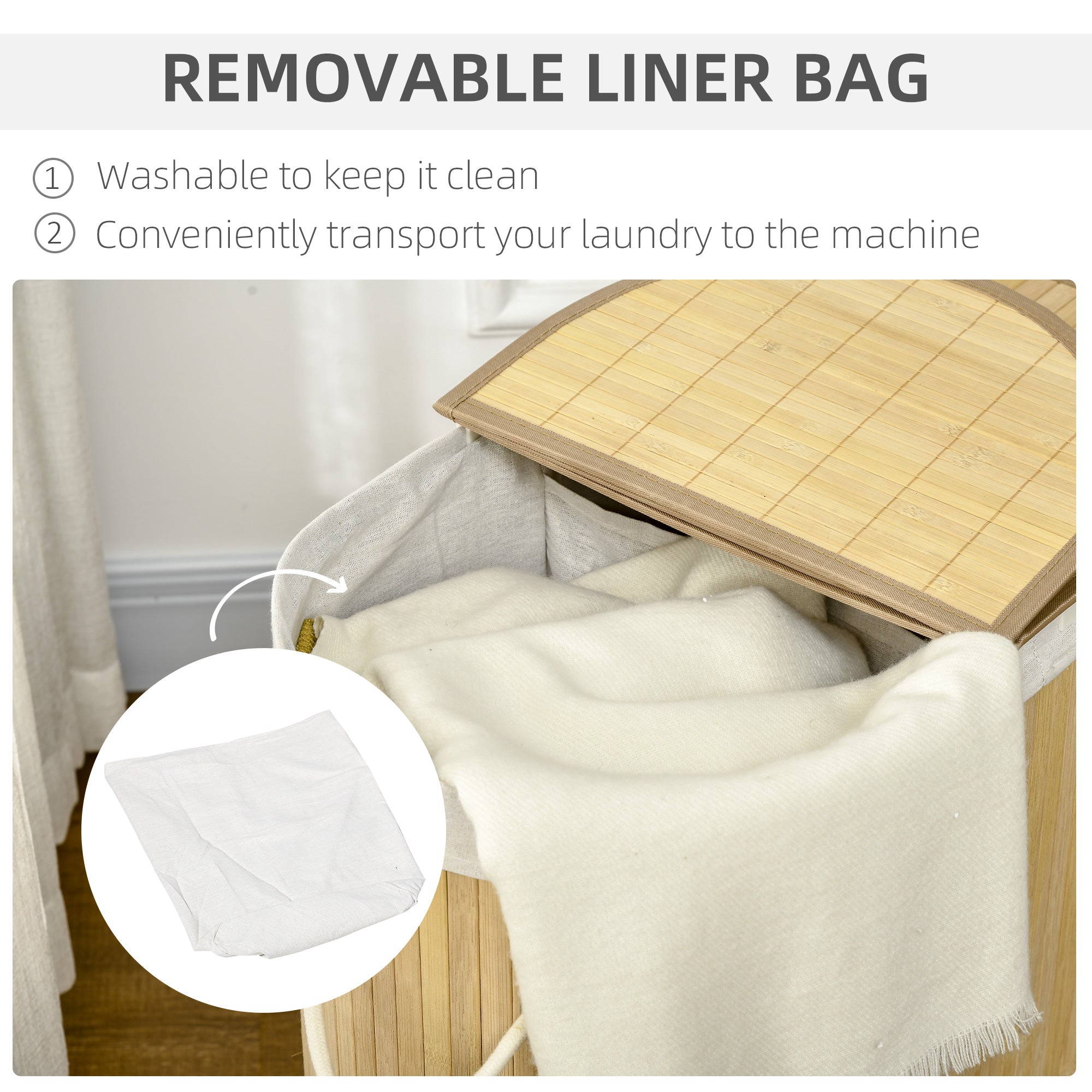 HOMCOM Bamboo Laundry Basket with Lid, 100 Litres Laundry Hamper with 2 Sections, Removable Washable Lining, Washing Baskets, 62.5 x 37 x 60.5cm, Natural - North Peak Garden Furniture