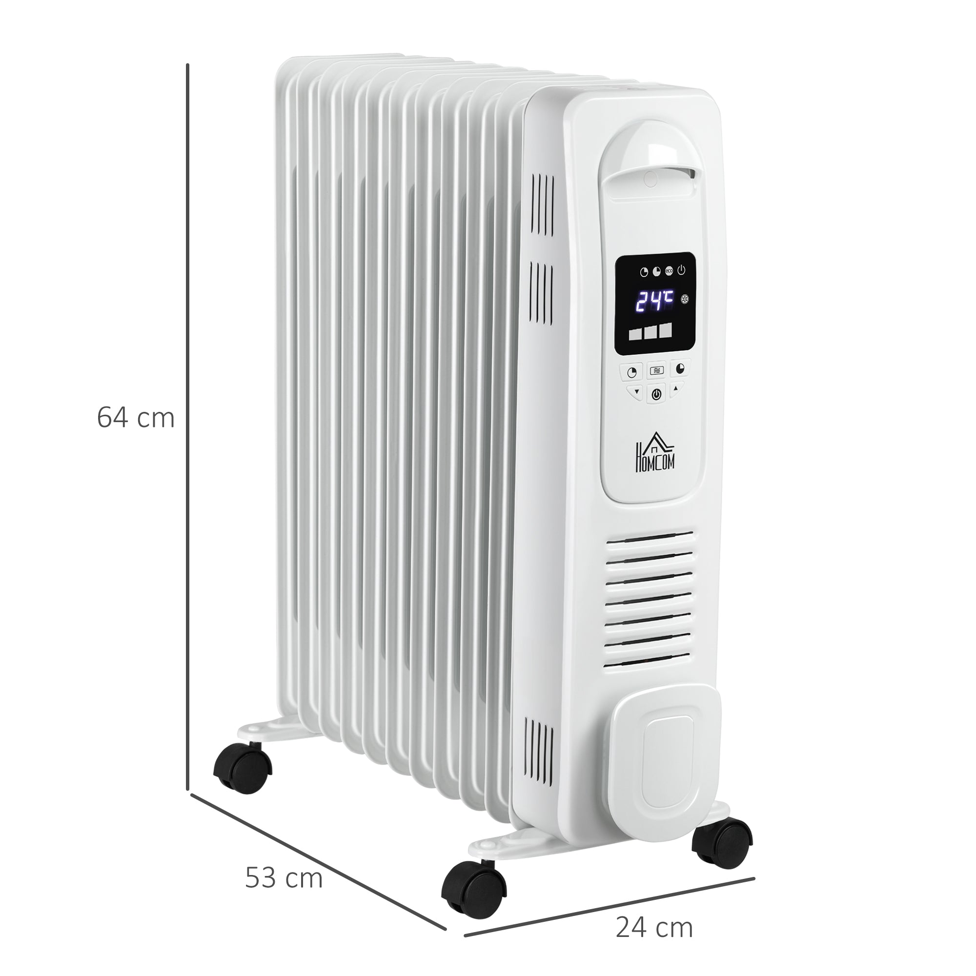 HOMCOM 2500W Digital Display Oil Filled Radiator, 11Fin Portable Electric Heater with Timer, Adjustable Thermostat, Three Heat Settings, Safety Cut Off, Remote, White - North Peak Garden Furniture