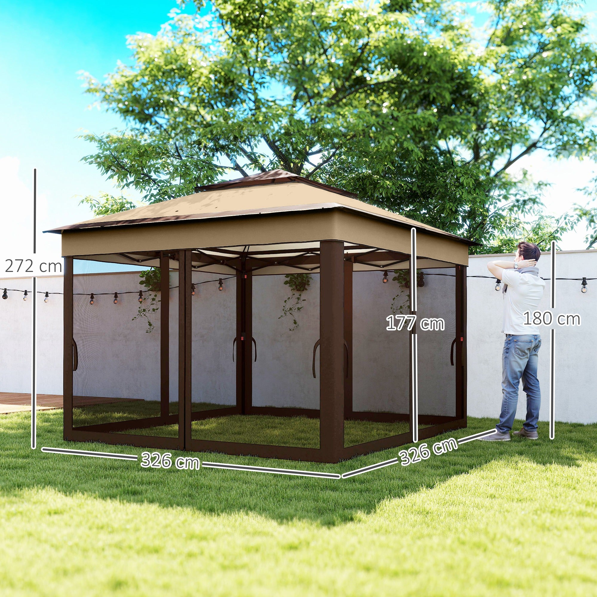 Outsunny 3 x 3(m) Pop Up Gazebo, Height Adjustable Instant Event Shelter with Netting and Carrying Bag, Beige - North Peak Garden Furniture
