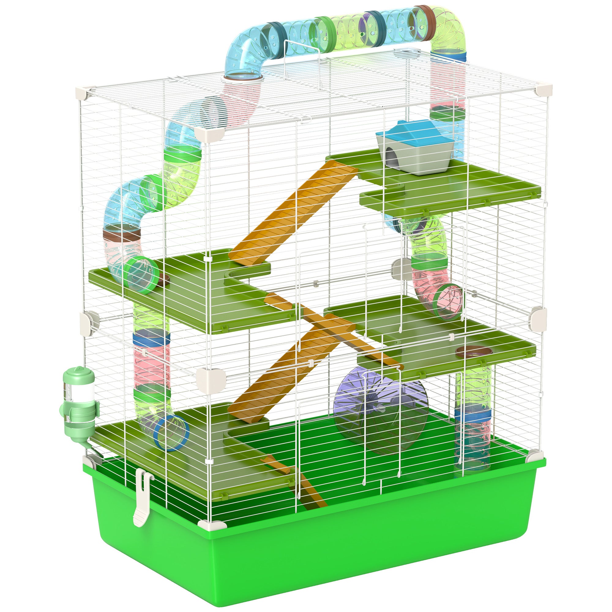 PawHut Hamster Cage w/ Water Bottle, Exercise Wheel, Tubes, Ramps - Green - North Peak Garden Furniture