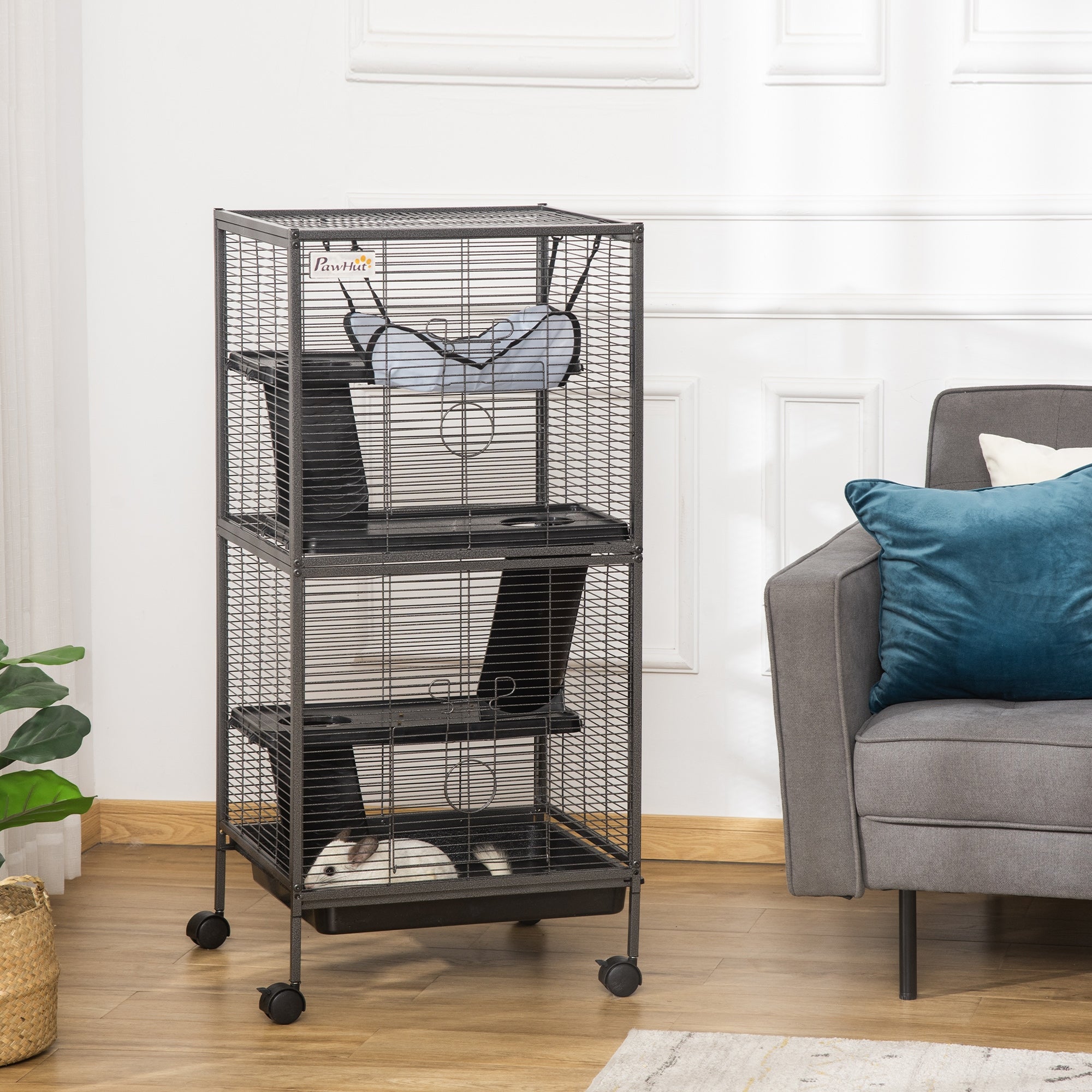 PawHut Small Animal Cage with Wheels Pet Home for Chinchillas Ferrets Kittens, with Hammock, 4 Platforms, Removable Tray, Silver - North Peak Garden Furniture