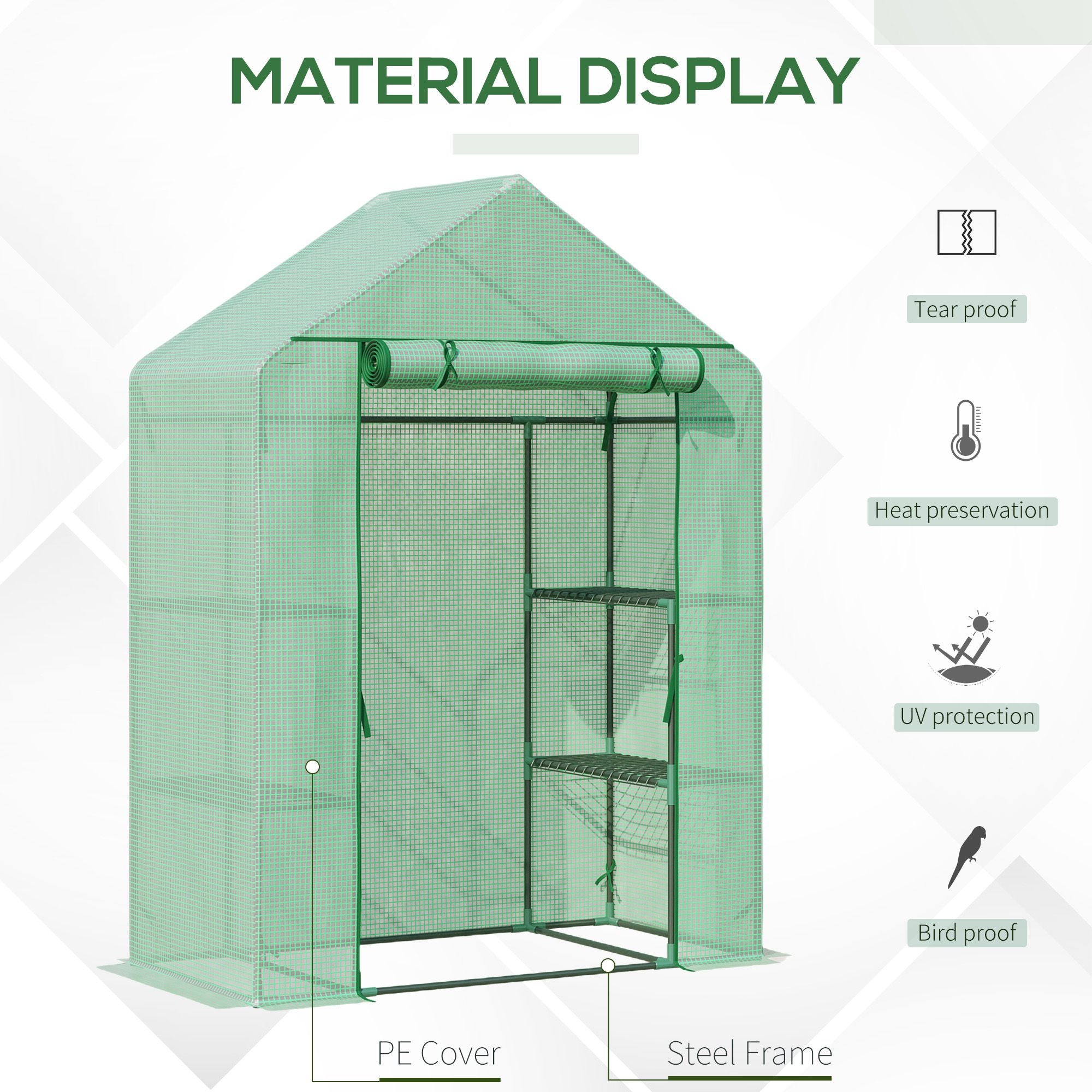 Outsunny Walk In Greenhouse for Outdoor, Portable Gardening Plant Grow House with 2 Tier Shelf, Roll-Up Zippered Door, PE Cover, 141 x 72 x 191cm, Green - North Peak Garden Furniture
