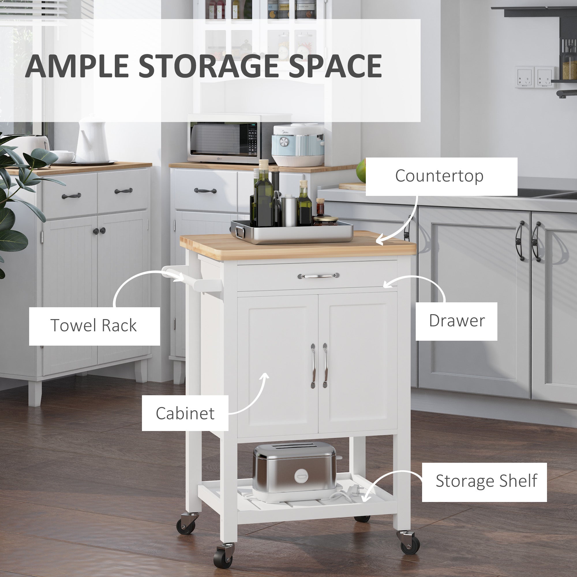 HOMCOM Kitchen Storage Trolley Cart Rolling Wheels Shelves Cupboard W/ Drawer And Towel Rail Rubber Wood Worktop White - North Peak Garden Furniture