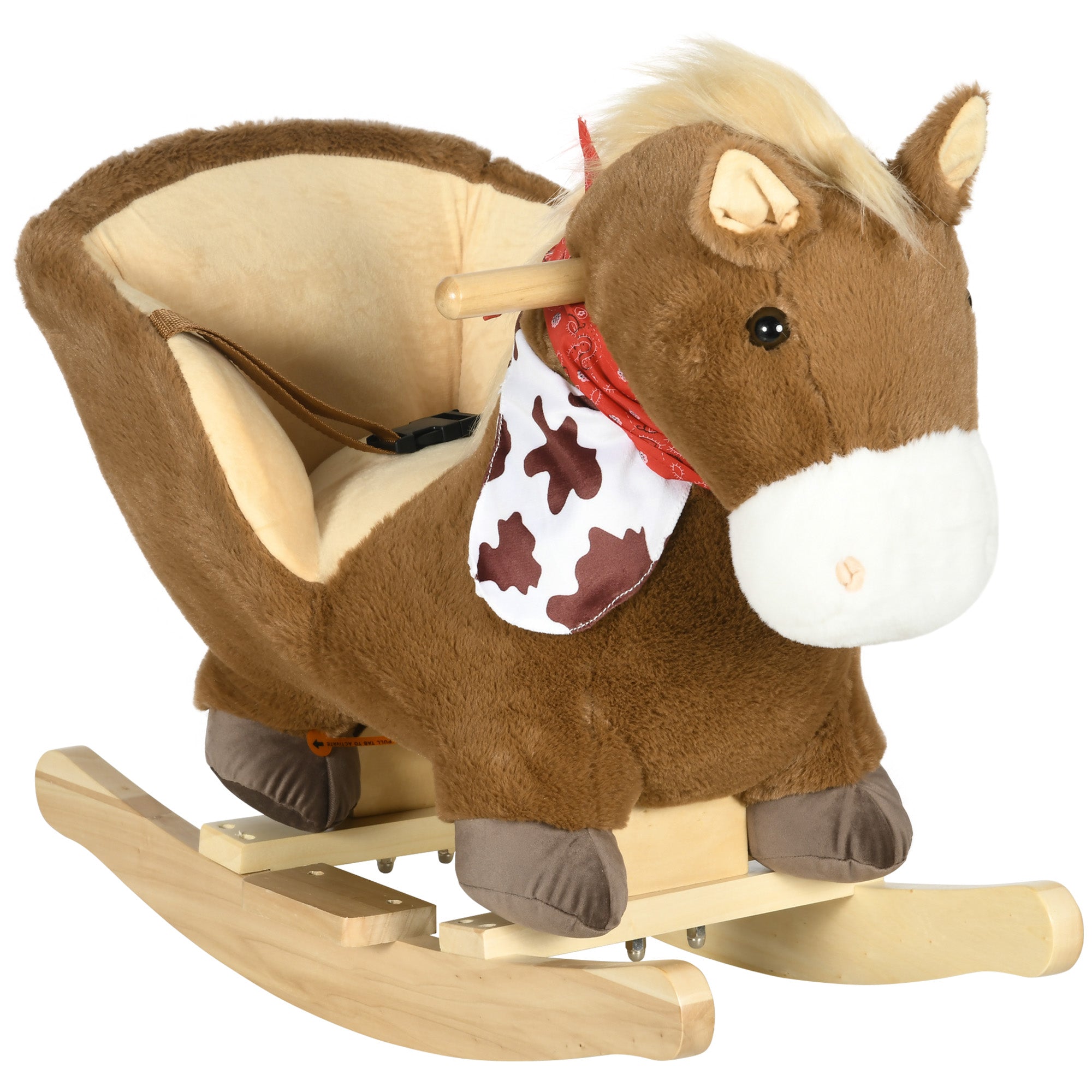 HOMCOM Kids Rocking Horse, with Safety Harness, Sounds, Foot Pedals - Brown - North Peak Garden Furniture