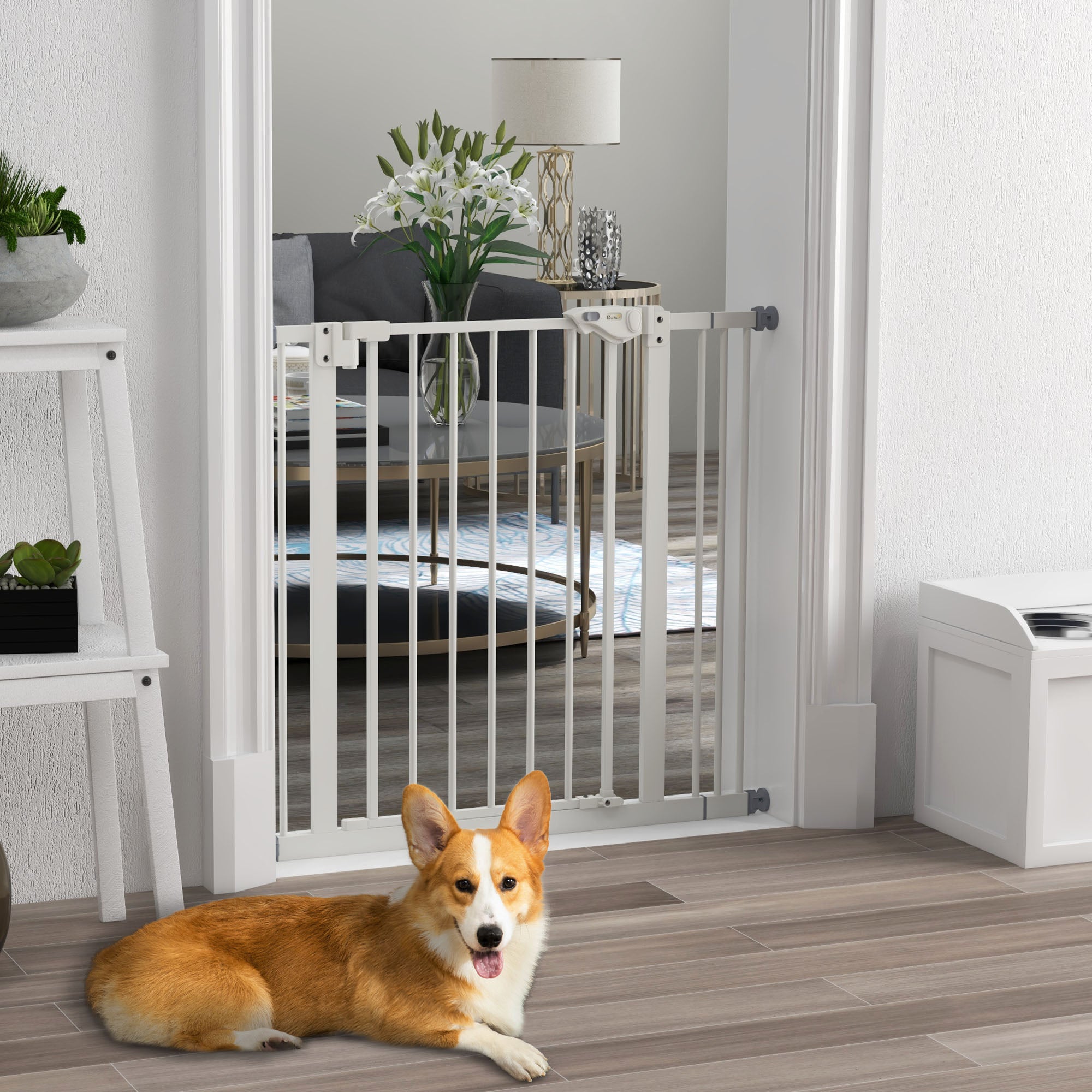 PawHut Metal 74-87cm Wide Adjustable Dog Gate White - North Peak Garden Furniture