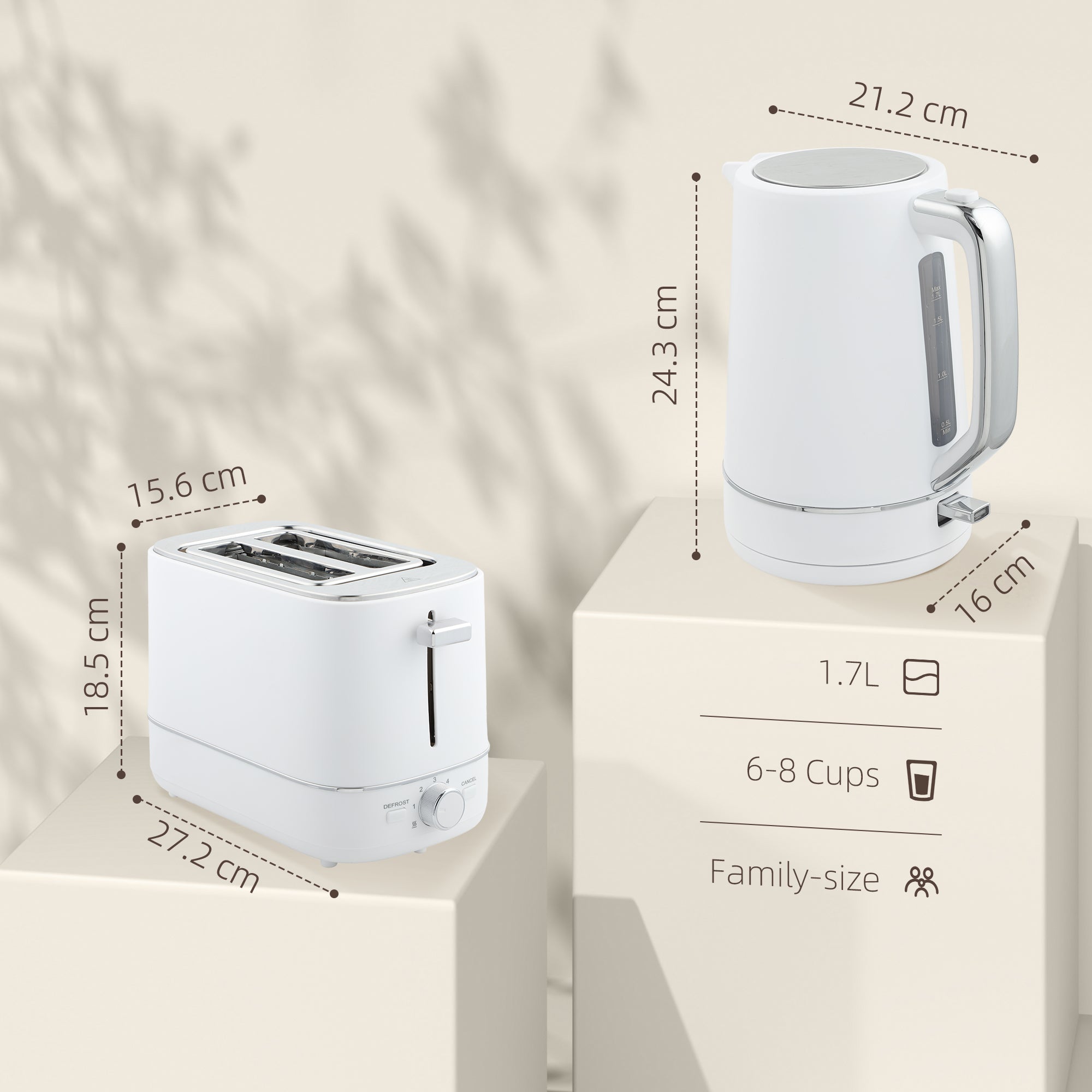 HOMCOM Kettle and Toaster Set, 1.7L 3000W Fast Boil Kettle & 2 Slice Toaster Kitchen Set with 6 Level Browning Controls, Defrost, Reheat, White - North Peak Garden Furniture