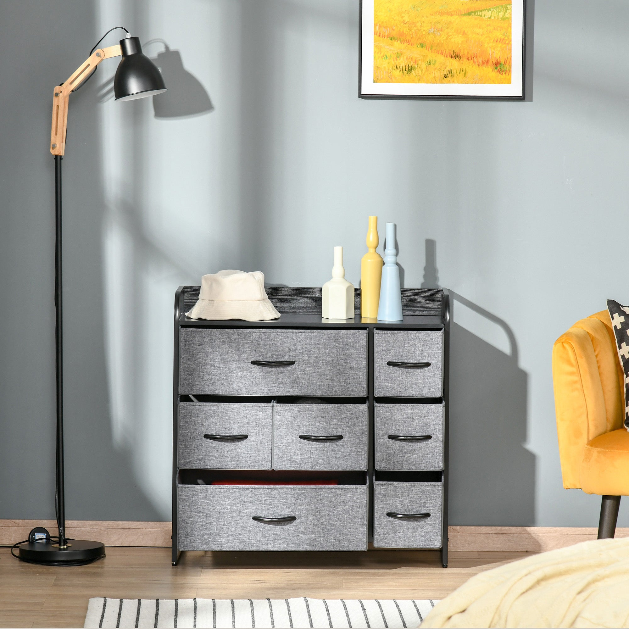 HOMCOM Chest of Drawers with 7 Foldable Drawers, 3-Tier Fabric Bedroom Dresser, Clothes Storage Unit for Bedroom, Living Room, Grey - North Peak Garden Furniture