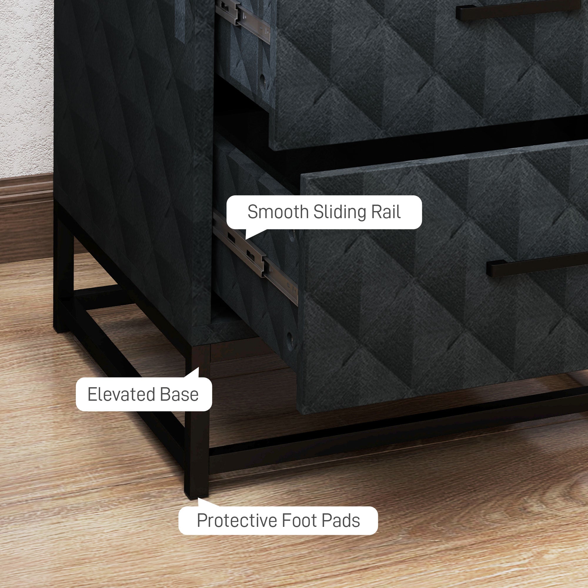 HOMCOM Bedside Tables Set of 2, Modern Bedside Table Nightstand with 2 Drawers, Bedside Cabinet Sofa Side Table with Storage, Steel Legs for Bedroom, Living Room, Black - North Peak Garden Furniture